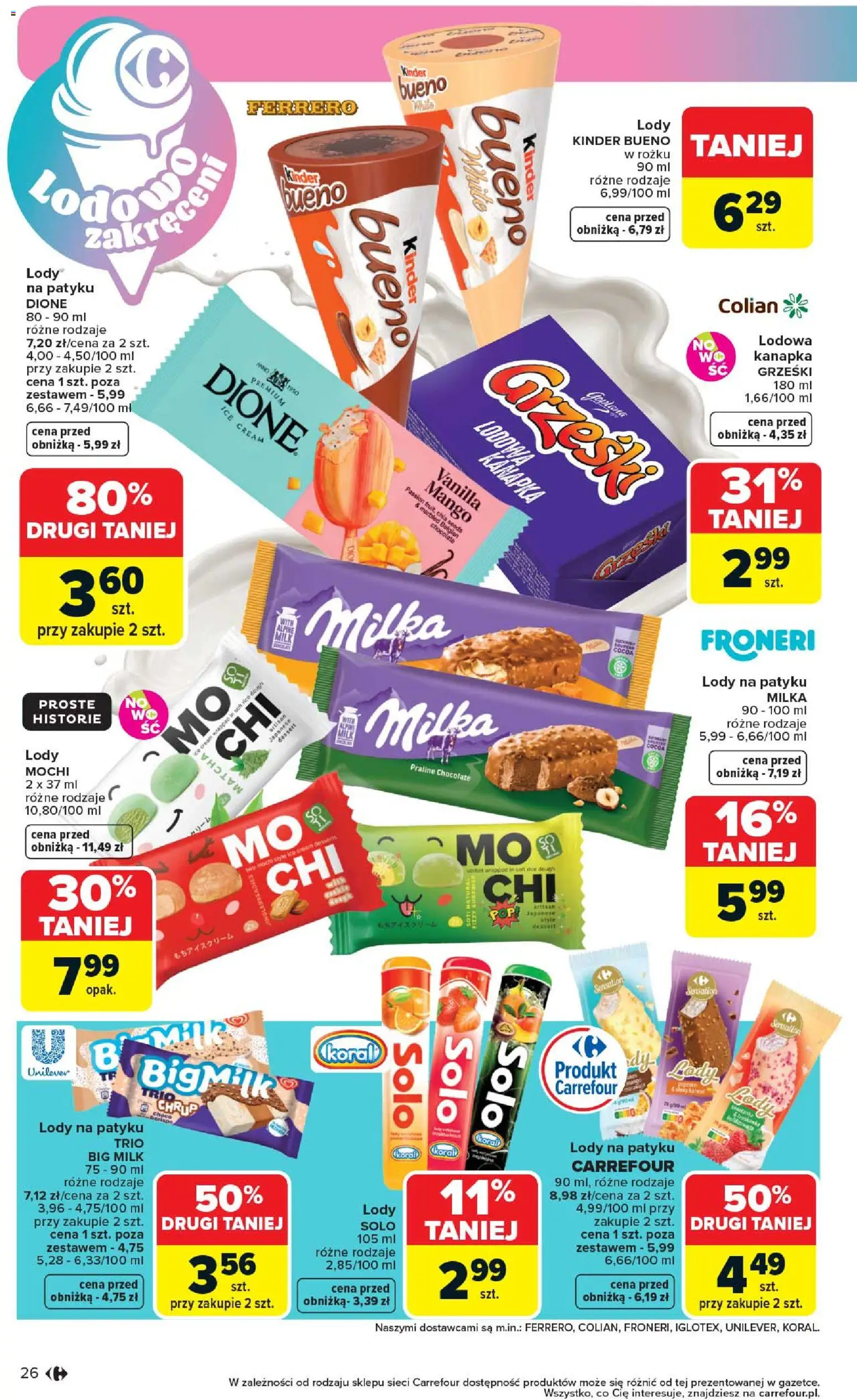 Carrefour gazetka od 07.04.2026 | Strona: 28 | Produkty: Milka, Kinder Bueno, Big Milk, Lody