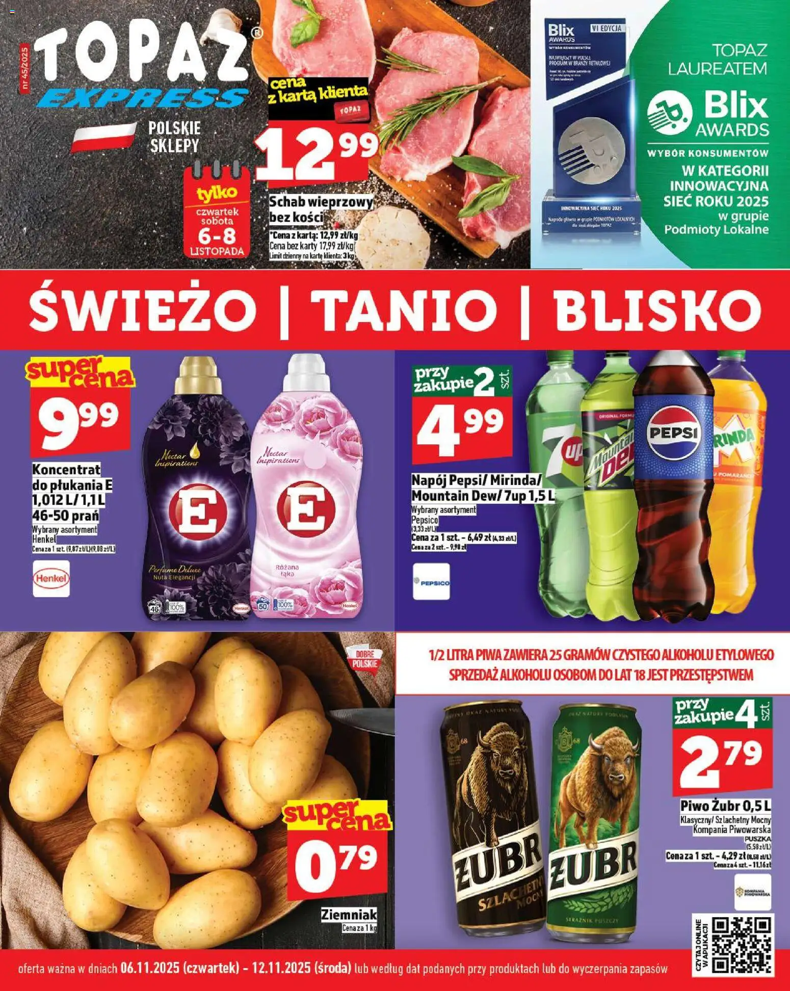 Topaz Gazetka - Express od 06.11.2025 | Strona: 1 | Produkty: Karta, Schab, Schab wieprzowy, Pepsi
