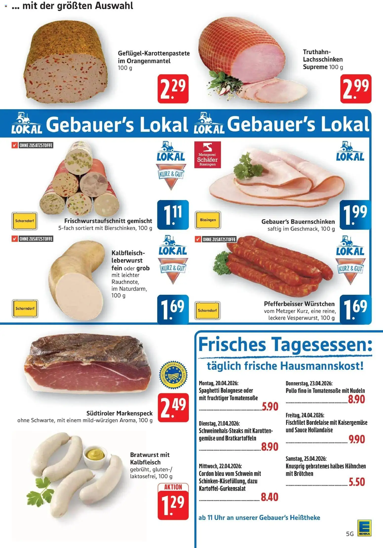 Edeka prospekt Geislingen	 – gültig ab 20.04.2026 | Seite: 5 | Produkte: Bratwurst, Gemüse, Nudeln, Uhr