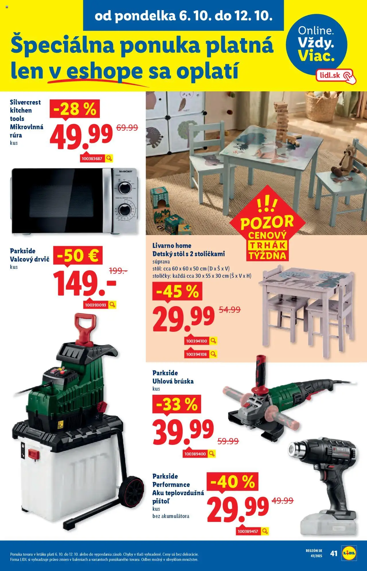Nové Lidl akcie – leták je platný od 06.10.2025 | Strana: 64 | Produkty: Stoličky, Stôl, Drvič, Uhlová brúska