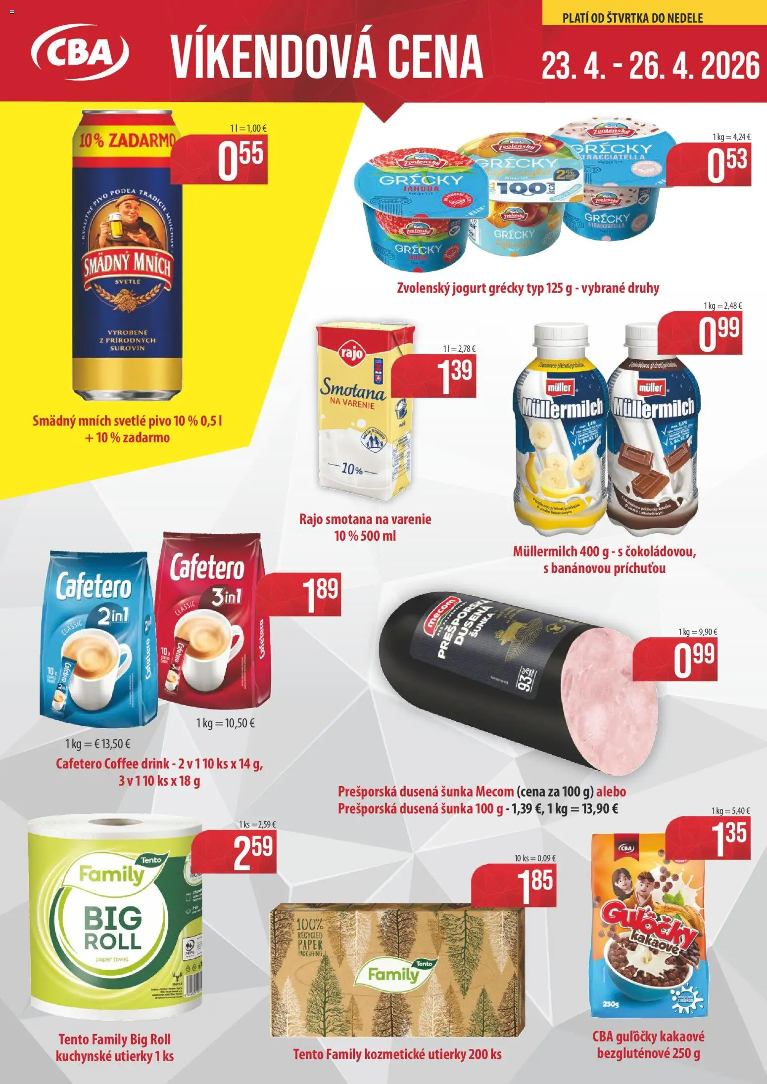 Nové CBA Verex akcie – leták je platný od 23.04.2026 | Strana: 1 | Produkty: Pivo, Jogurt, Šunka, Smotana