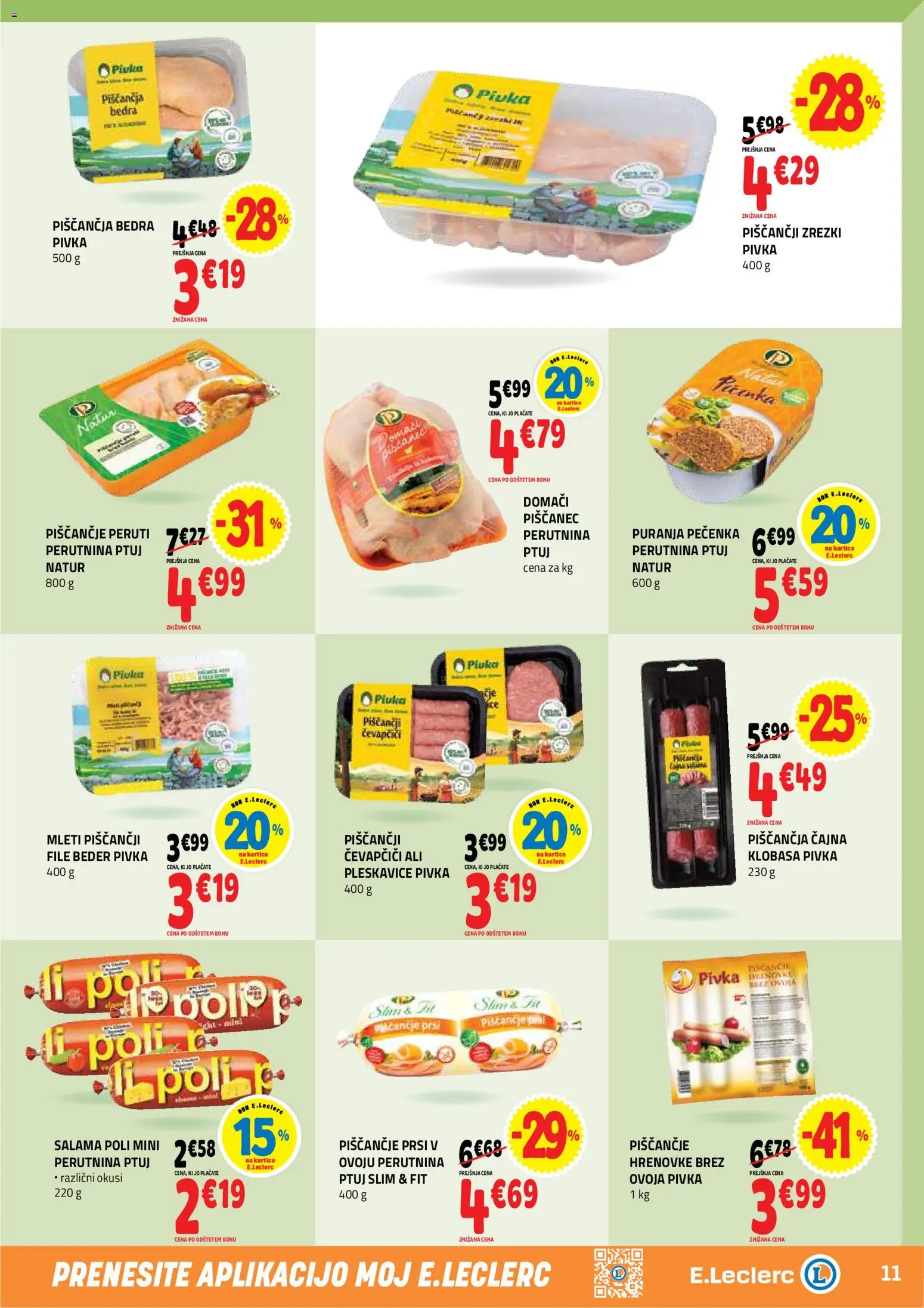 Novi E.leclerc katalog ponudbe – veljaven od 08.04.2026 | Stran: 11 | Izdelki: Hrenovke, Piščančja bedra, Zrezki, Salama