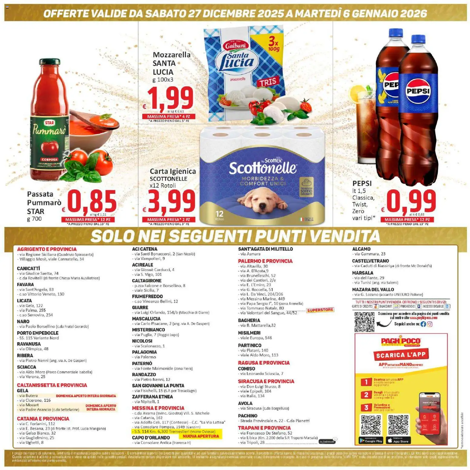 Volantino Paghi Poco del 27.12.2025 | Pagina: 20 | Prodotti: Carta igienica, Mozzarella, Pepsi, Presa