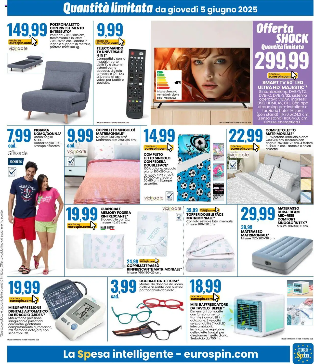 Volantino Eurospin del 05.06.2025 | Pagina: 15 | Prodotti: smart TV, Pigiama, Letto, Copriletto