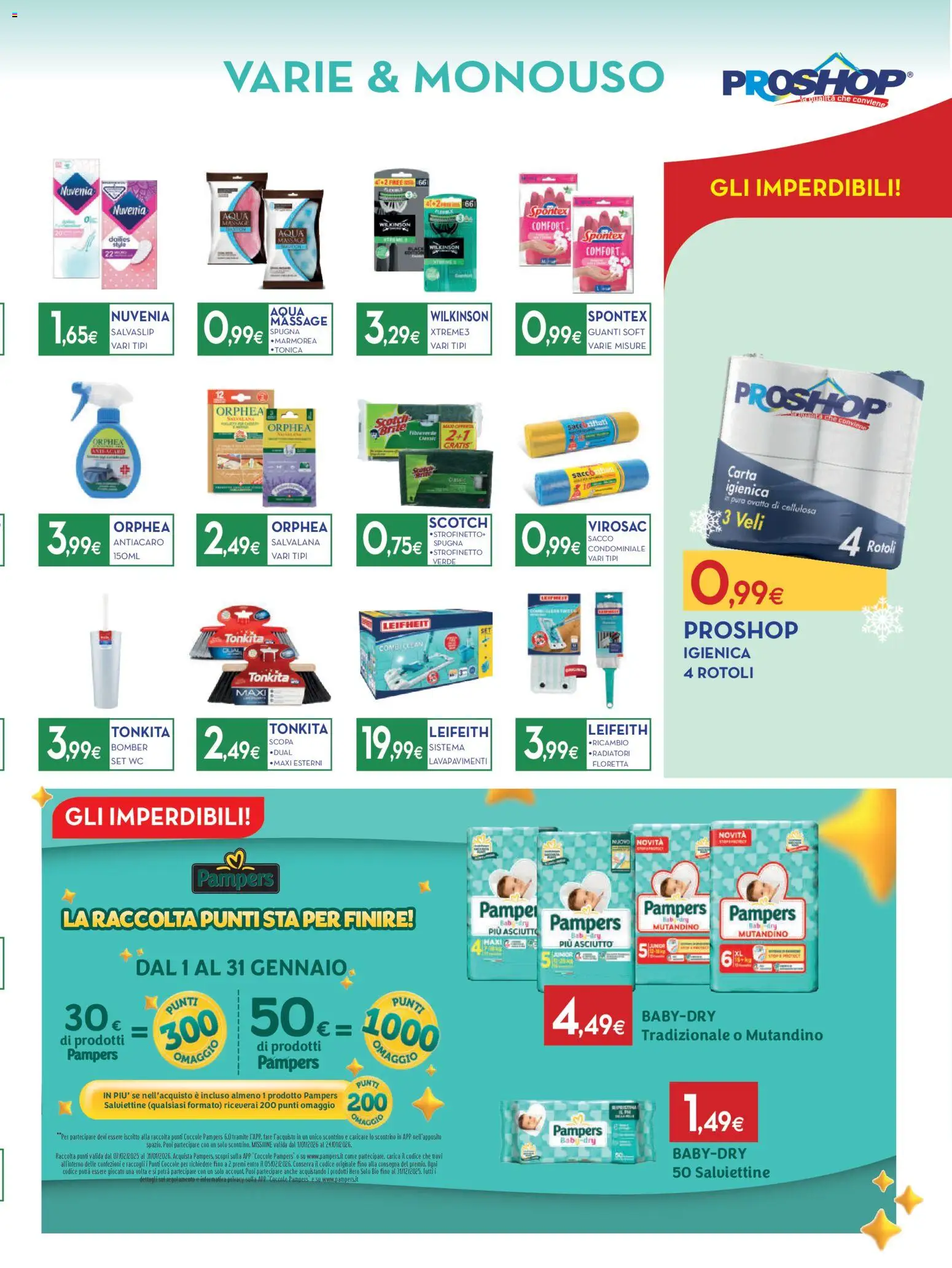 Volantino Proshop del 22.01.2026 | Pagina: 5 | Prodotti: Guanti, Pampers, Scopa, WC