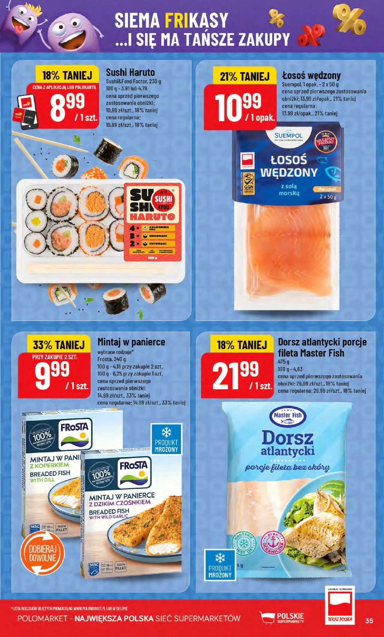 POLOmarket Gazetka od 06.08.2025 | Strona: 35 | Produkty: Dorsz, Mintaj, Łosoś, Sushi