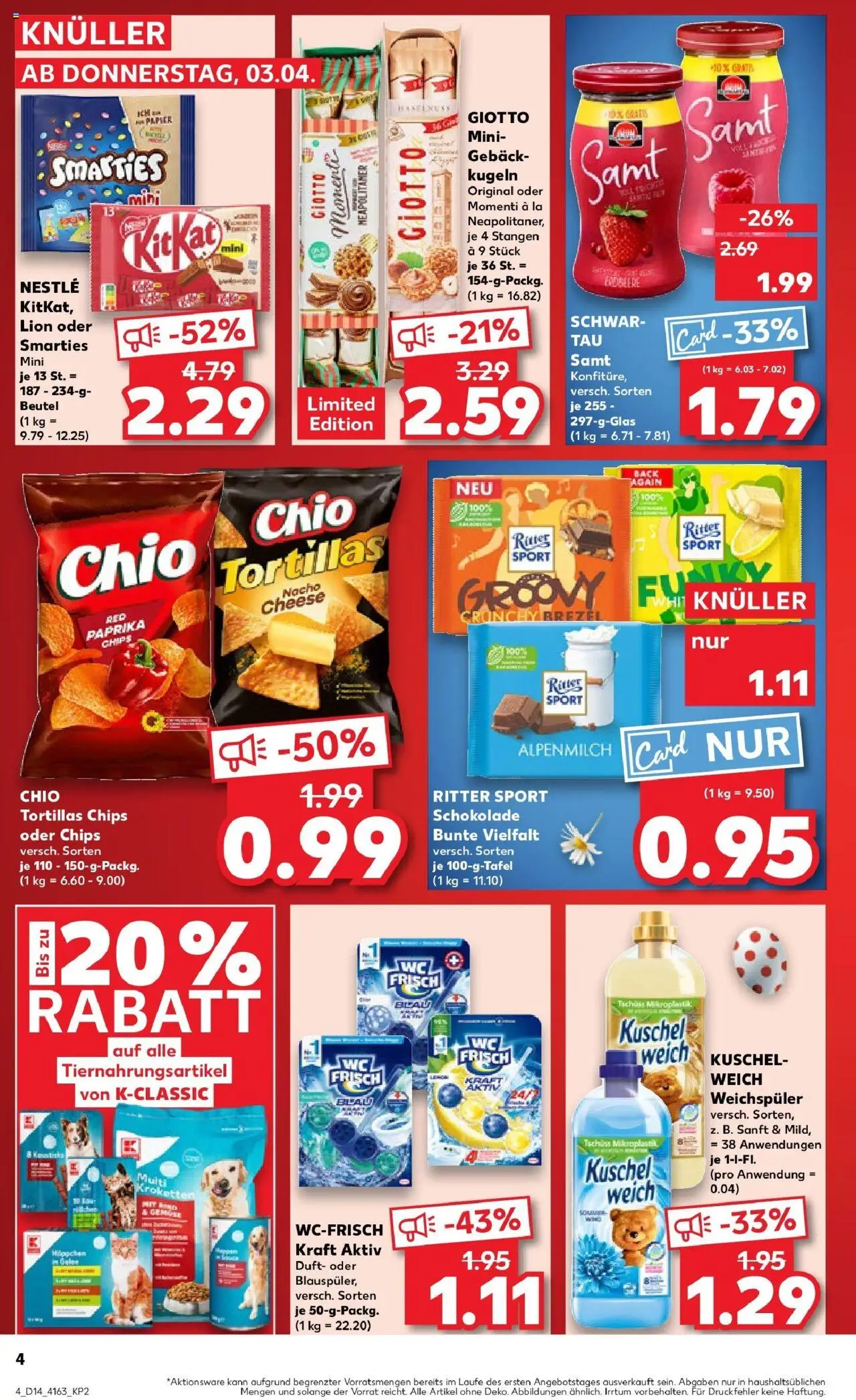 Kaufland - Dreieich-Sprendlingen, Robert-Bosch-Straße 15 - gültig ab dem 03.04.2025 | Seite: 4 | Produkte: Schokolade, Duft, Weichspüler, Chips