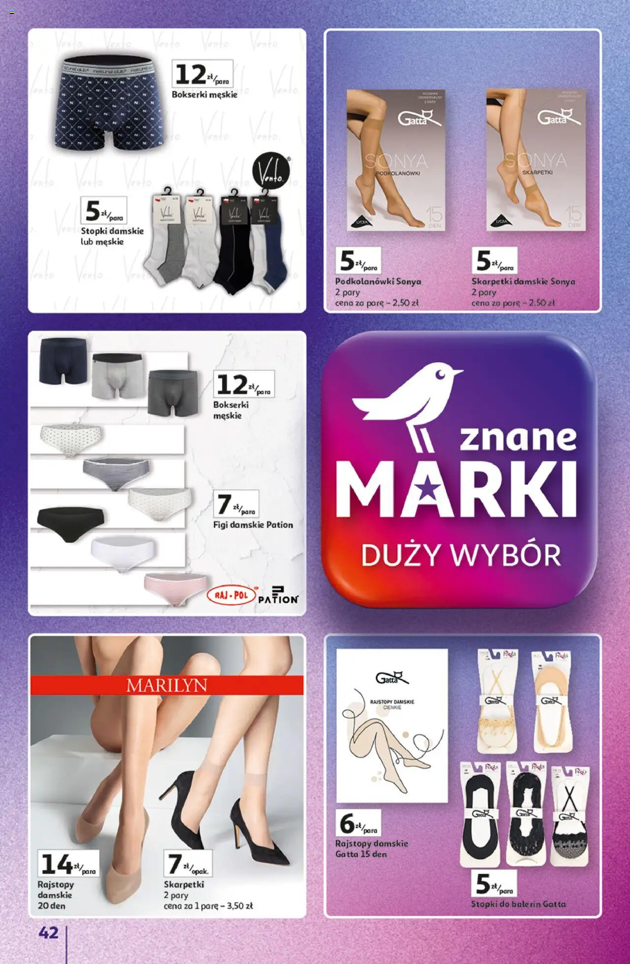 Auchan Gazetka - Znane Marki Duży Wybór Hipermarket od 12.06.2025 | Strona: 42 | Produkty: Bokserki, Skarpetki, Gatta, Podkolanówki