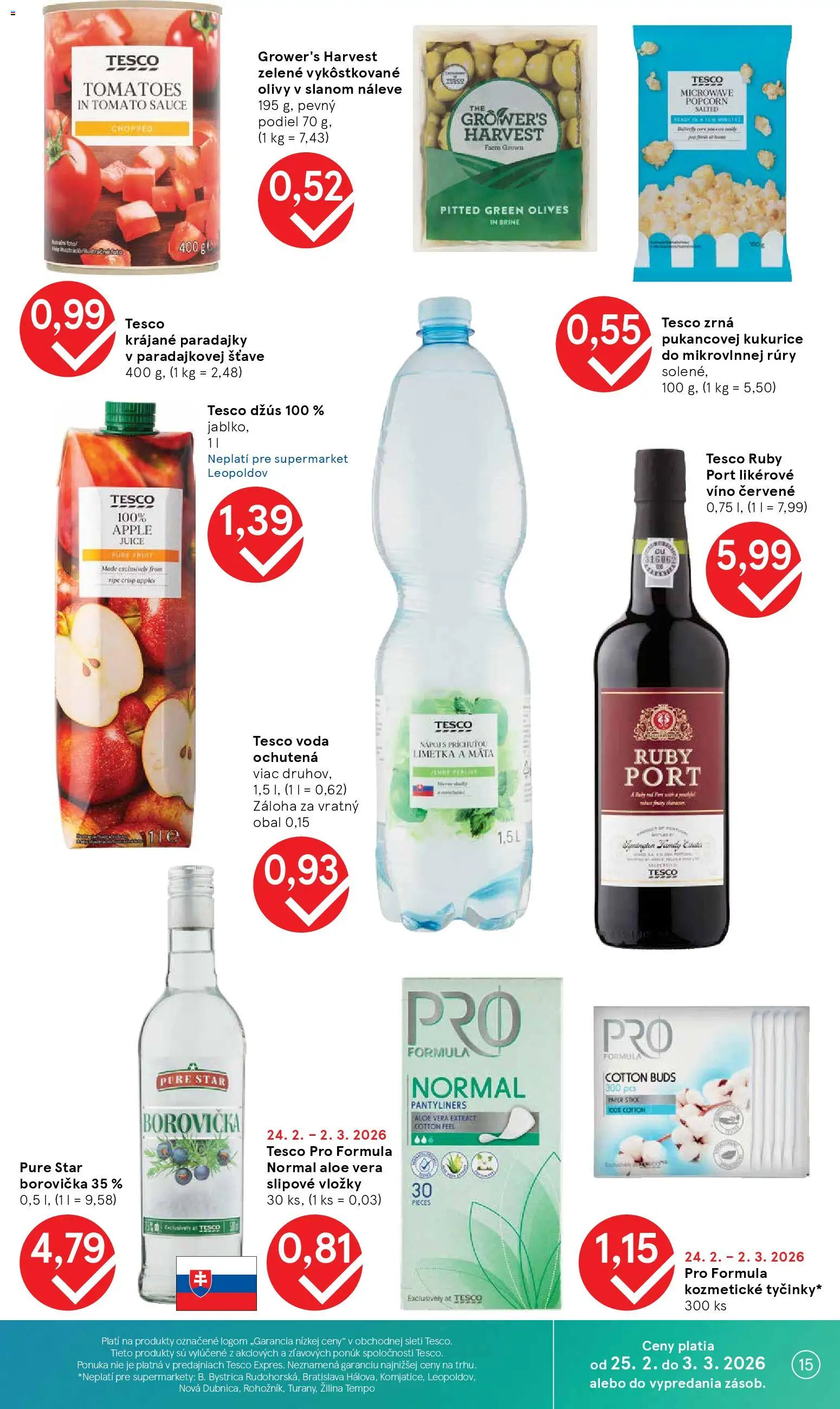 Nové Tesco akcie – leták je platný od 25.02.2026 | Strana: 15 | Produkty: Víno, Paradajky, Borovička, Voda