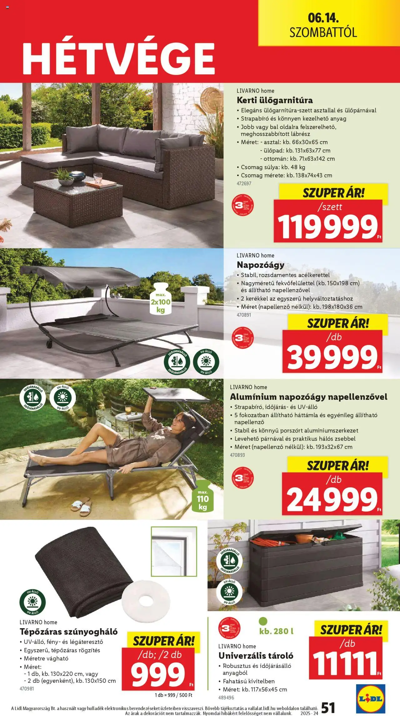 Lidl akciós ujság - amely érvényes a következő dátumtól: 12.06.2025 | Oldal: 51 | Termékek: Ülőpad, Asztal, Szúnyogháló, Napozóágy