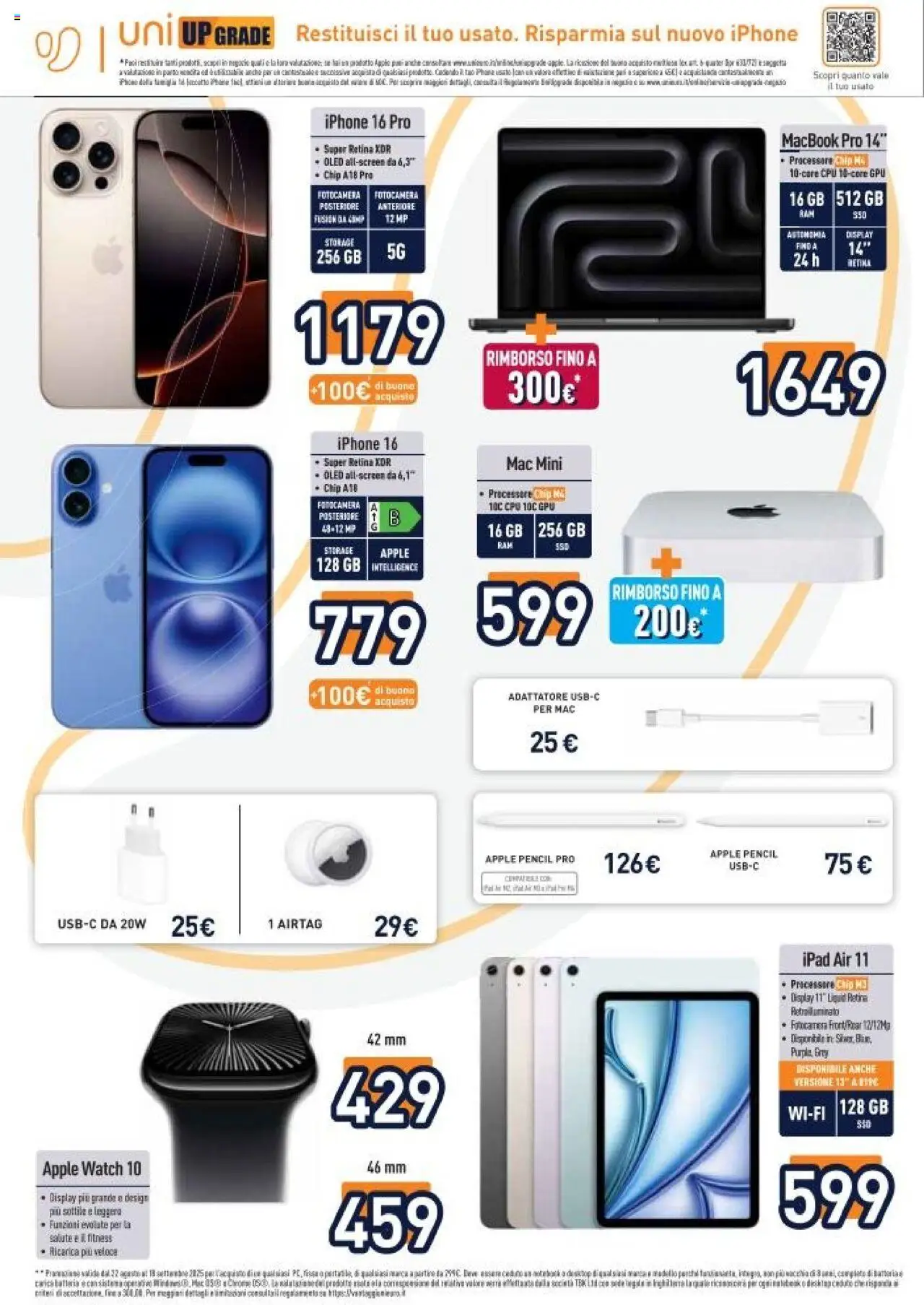 Volantino Unieuro del 22.08.2025 | Pagina: 11 | Prodotti: Iphone, Adattatore, Ipad, Macbook