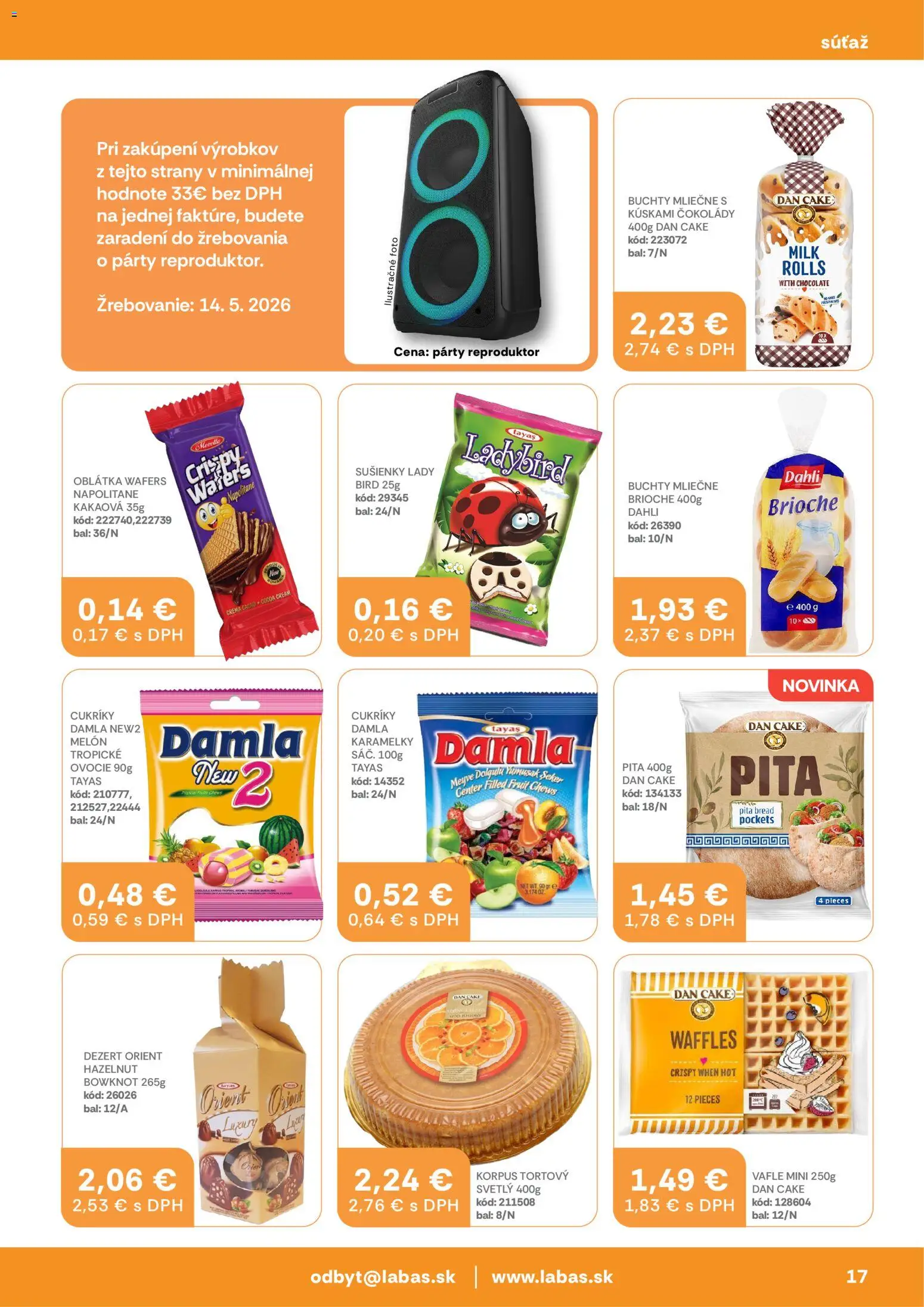Nové Labaš akcie – leták je platný od 24.04.2026 | Strana: 17 | Produkty: Cukríky, Melón, Reproduktor, Ovocie