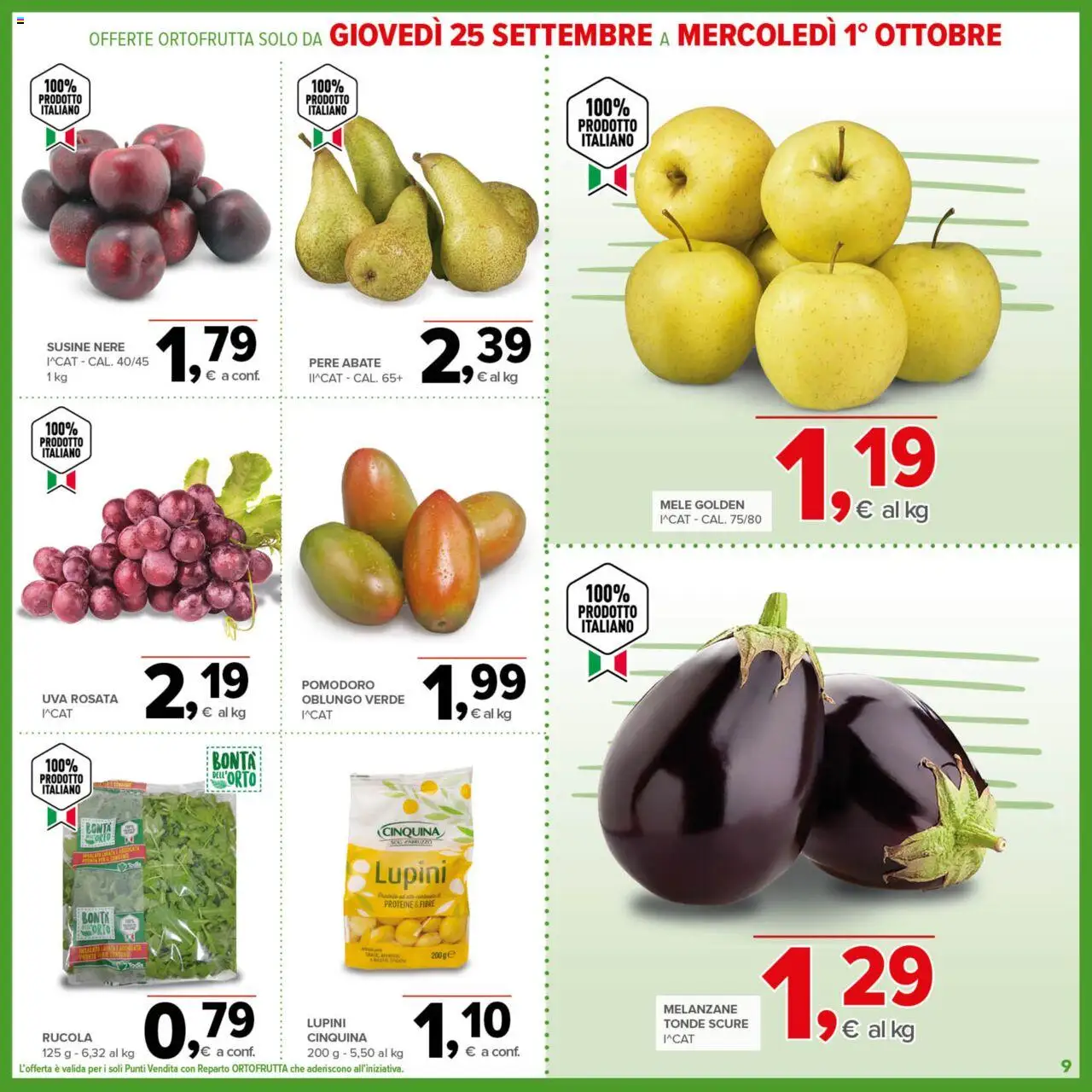 Volantino Todis del 18.09.2025 | Pagina: 9 | Prodotti: Mele, Rucola, Uva, Melanzane