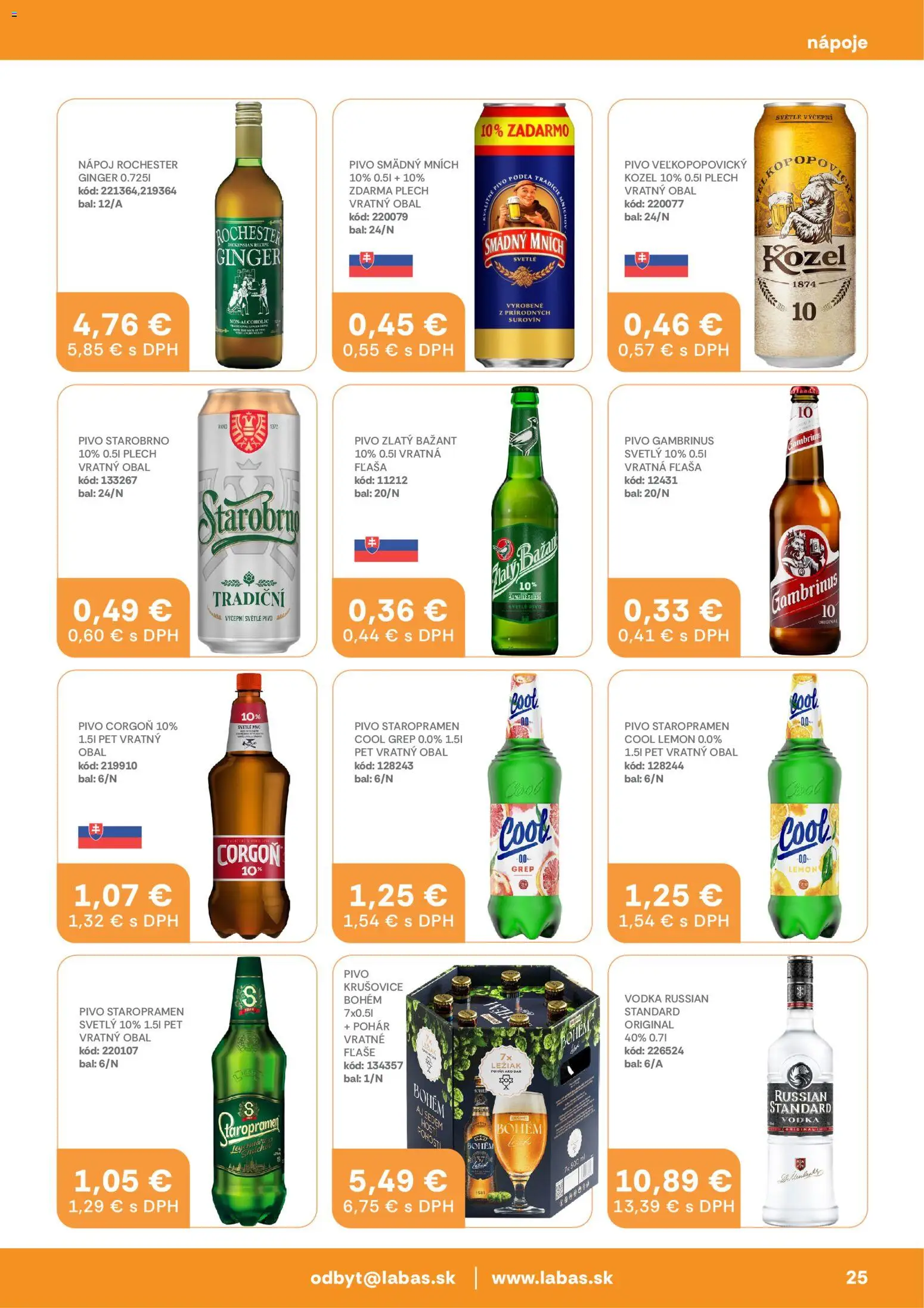 Nové Labaš akcie – leták je platný od 24.04.2026 | Strana: 25 | Produkty: Krušovice, Zlatý Bažant, Smädný Mních, Gambrinus