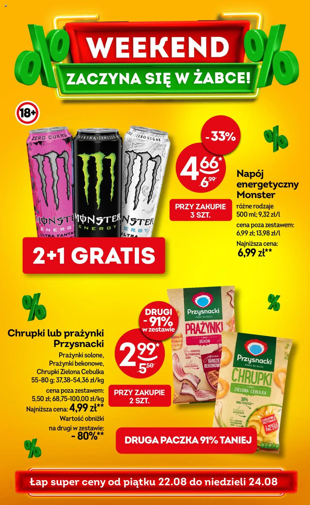 Żabka Gazetka - Weekendowe promocje od 22.08.2025 | Strona: 1 | Produkty: Chrupki, Bekon, Pączki, Chrupki zielona cebulka