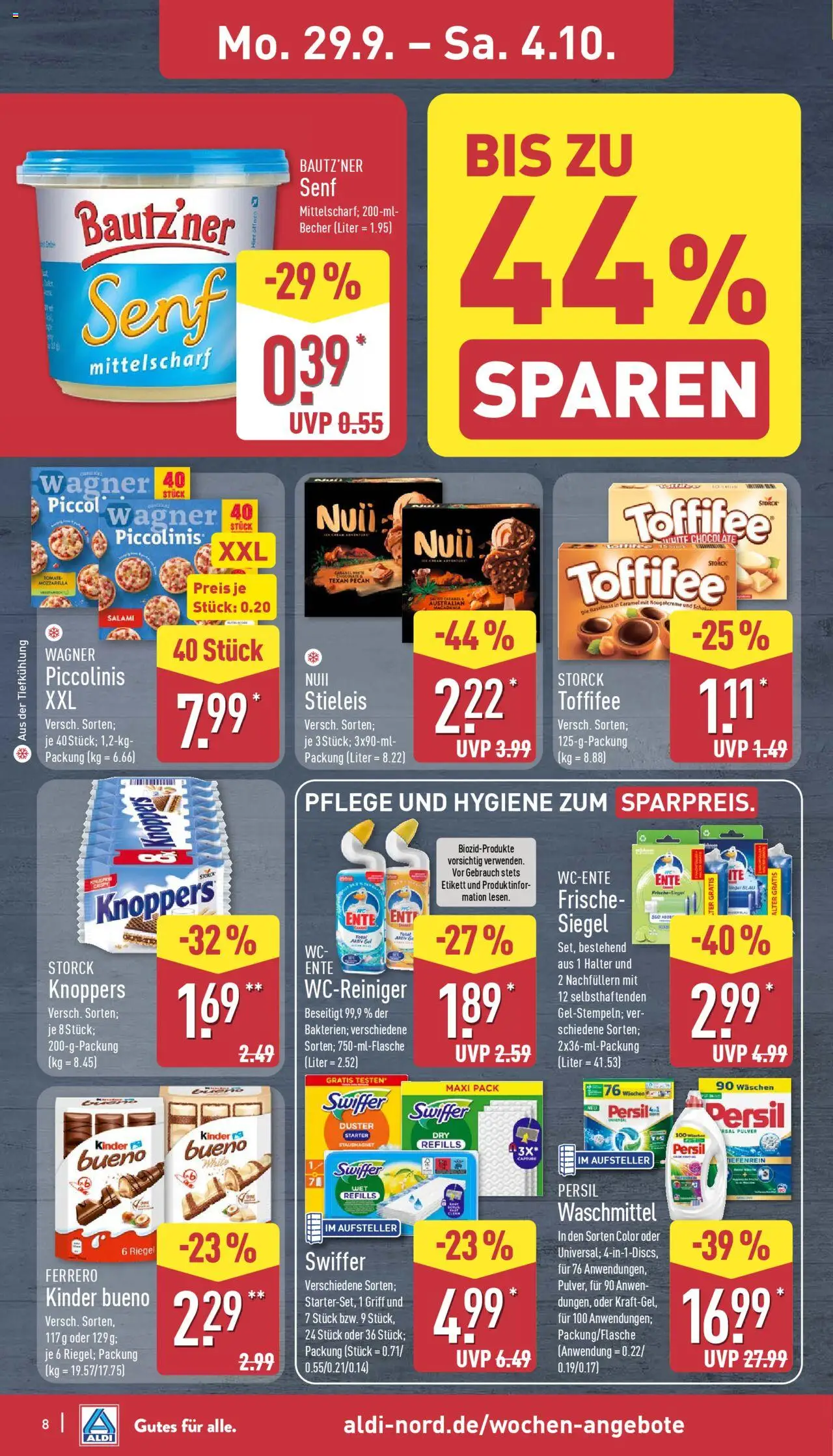 Aldi Prospekt 	 – gültig ab 29.09.2025 | Seite: 8 | Produkte: Kinder bueno, Knoppers, Ente, Persil