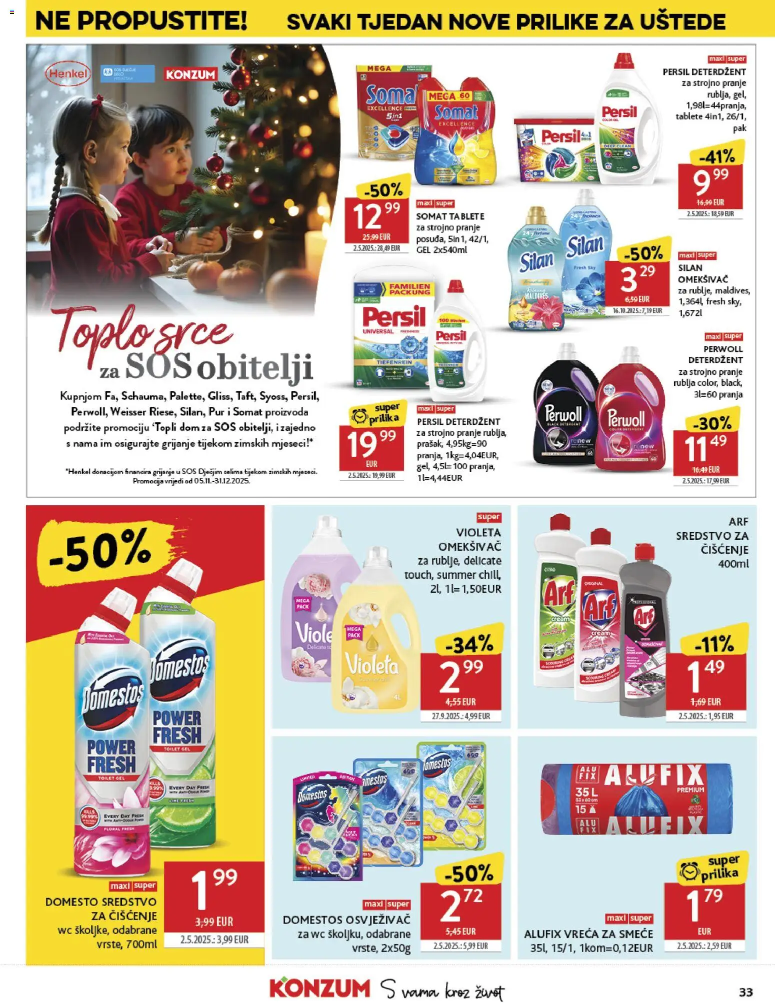 Konzum HR akciós ujság - amely érvényes a következő dátumtól: 05.11.2025 | Oldal: 33 | Termékek: Persil, Perwoll, Somat, WC