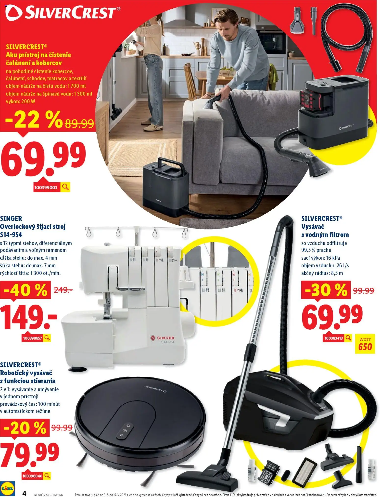 Nové Lidl akcie – leták je platný od 09.03.2026 | Strana: 4 | Produkty: Robotický vysávač, Šijací stroj, Aku, Vysávač