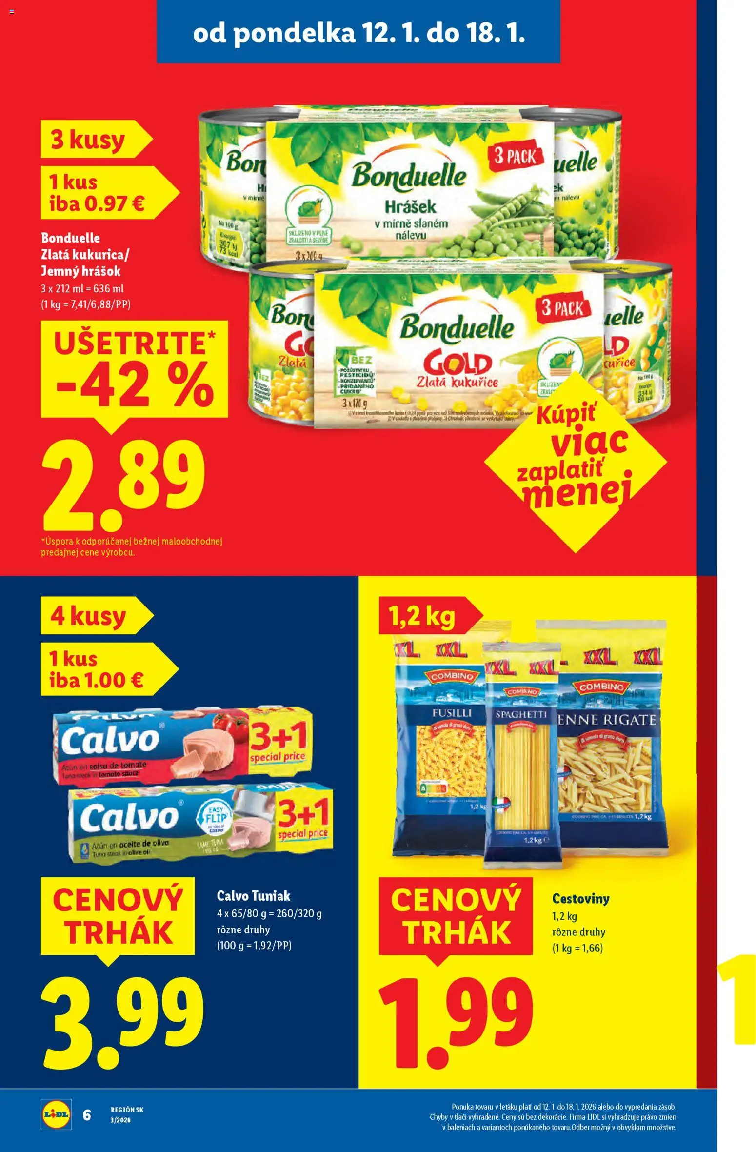 Nové Lidl akcie – leták je platný od 15.01.2026 | Strana: 40 | Produkty: Fusilli, Tuniak, Hrášok, Steak