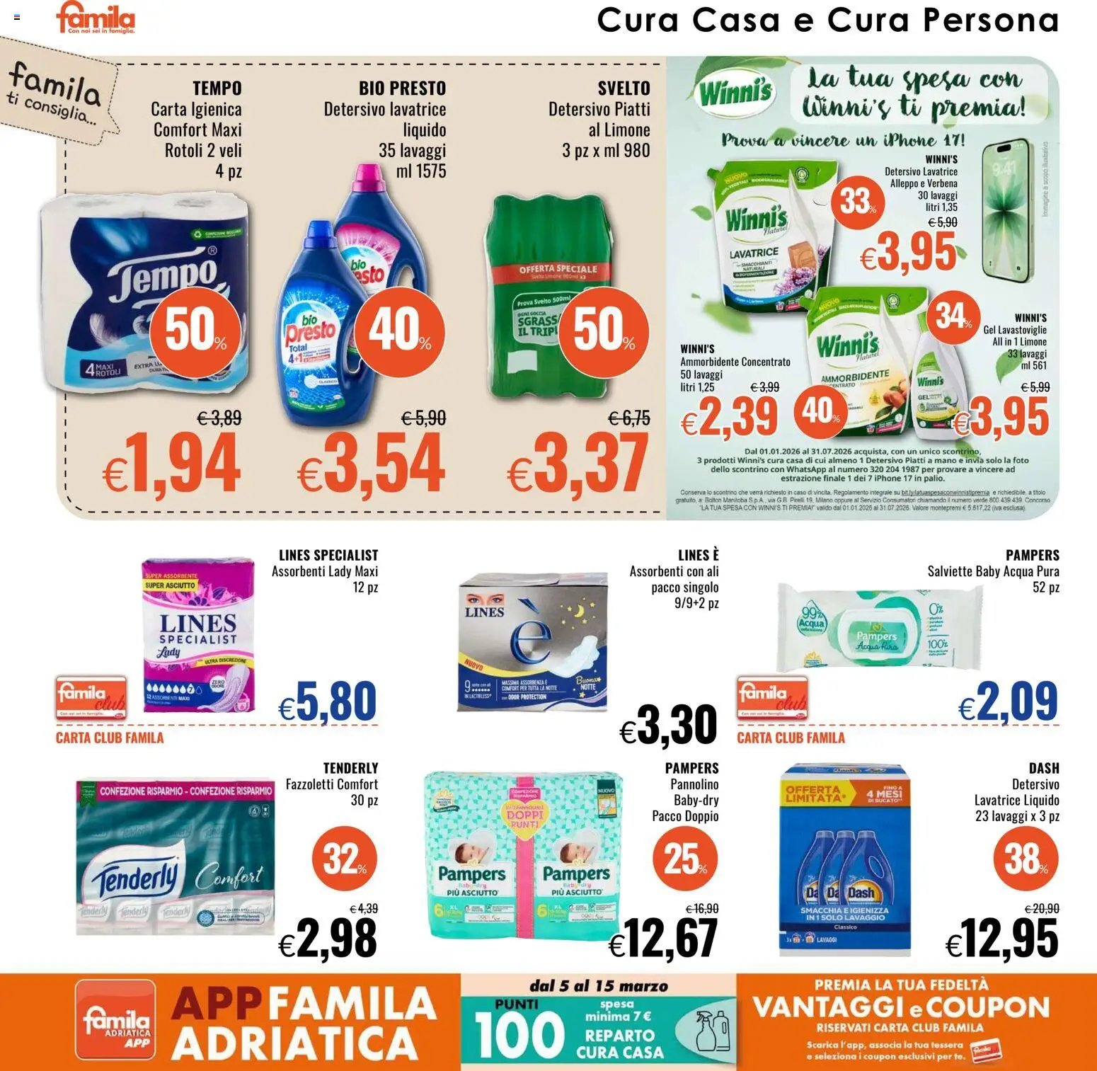 Volantino Famila del 05.03.2026 | Pagina: 20 | Prodotti: Carta igienica, Limone, Lavatrice, Pampers
