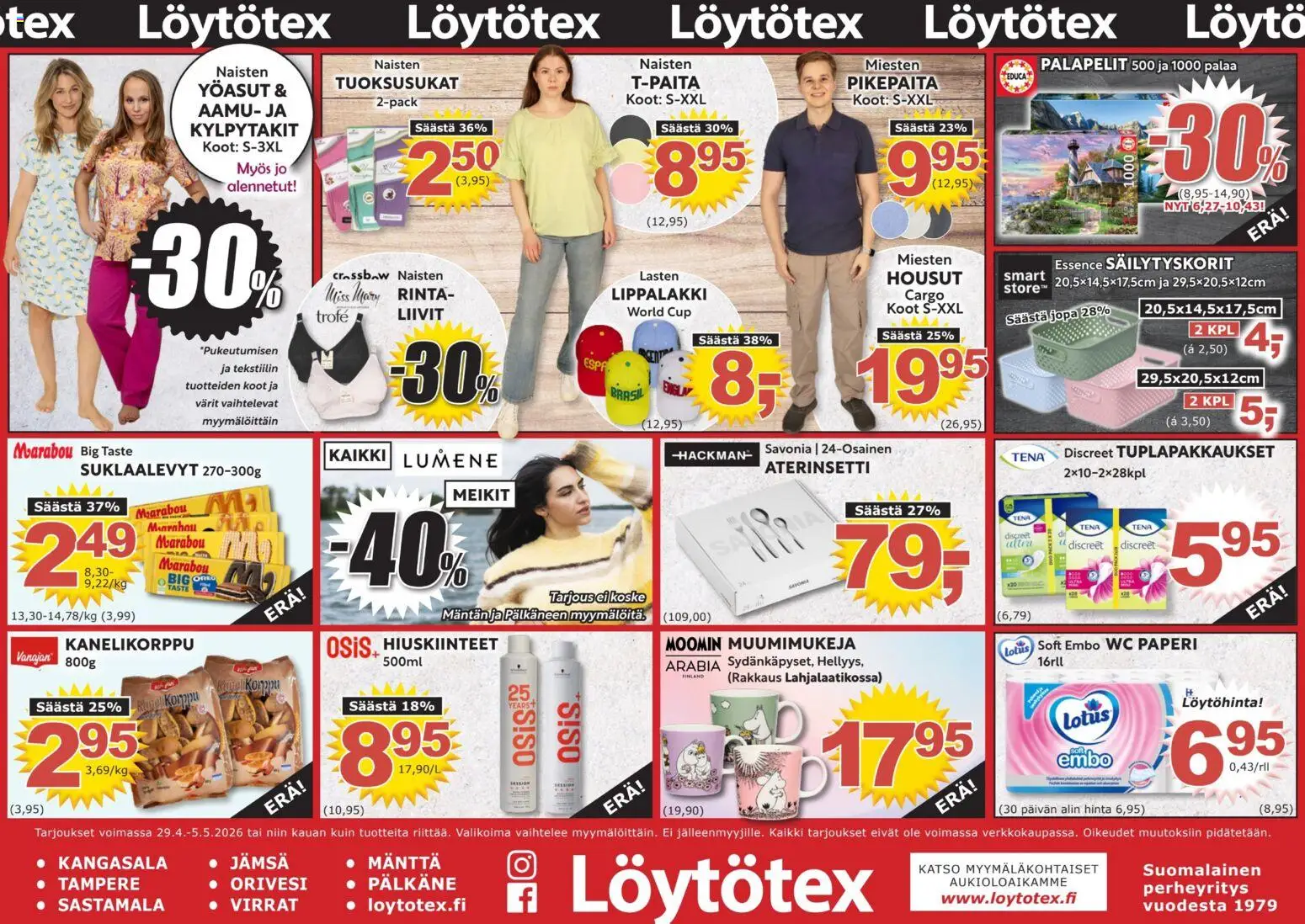 Löytötex tarjoukset – voimassa 29.04.2026 alkaen | Sivu: 1 | Tuotteet: Oreo, WC, Paperi, Housut