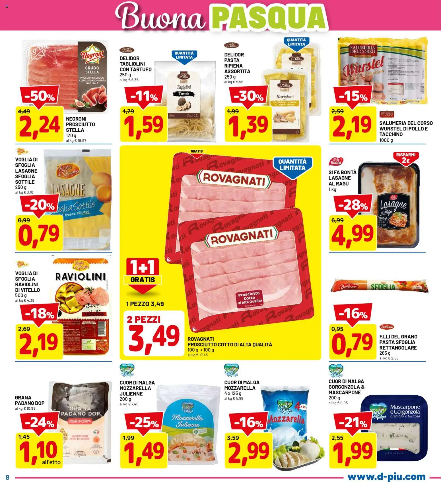 Volantino D Più del 26.03.2026 | Pagina: 8 | Prodotti: Pollo, Pasta sfoglia, Wurstel, Ragú