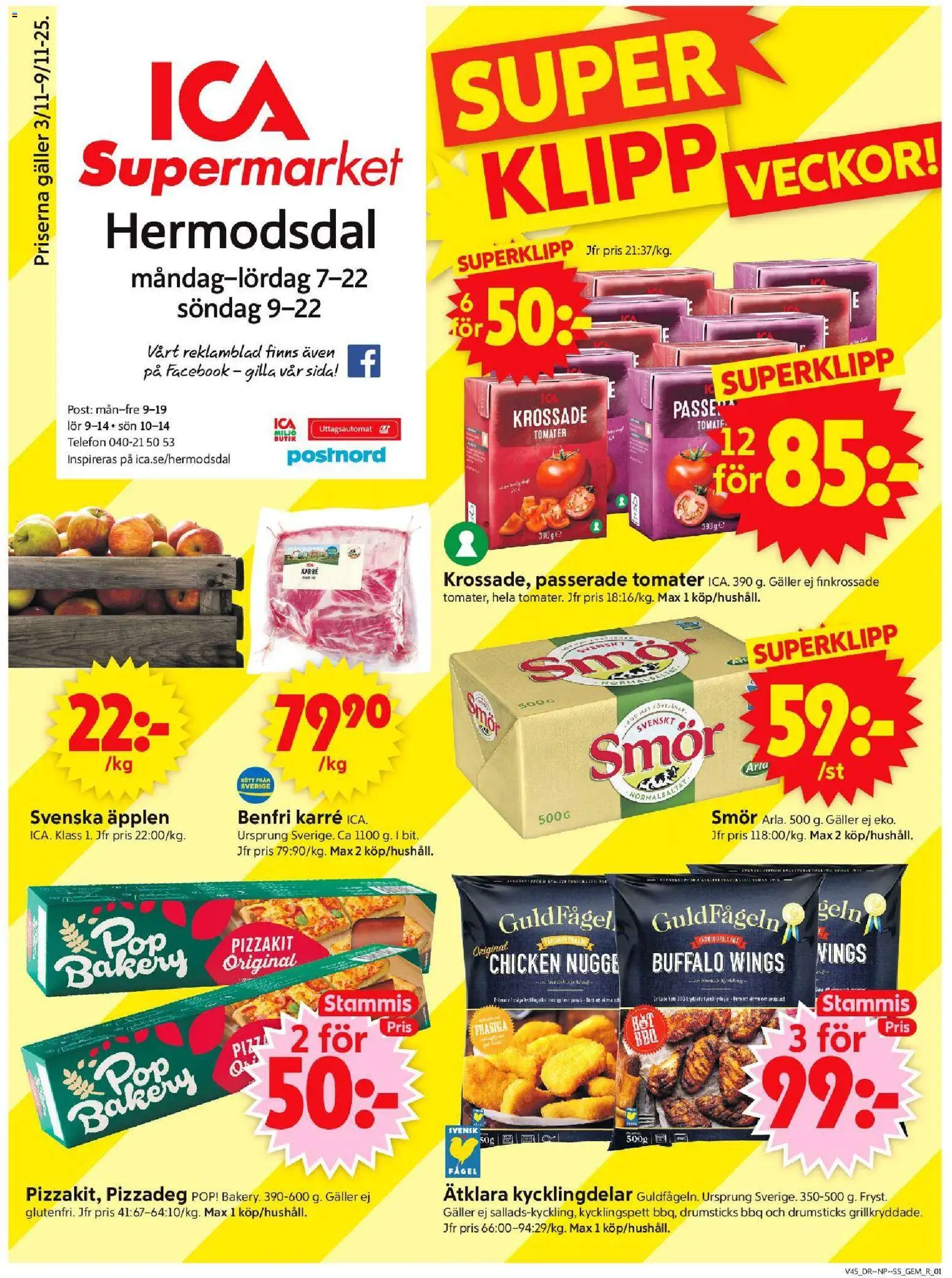 ICA Supermarket reklamblad aktuell från 03.11.2025 | Sida: 1 | Produkter: Gem, Tomater, Pizzakit, Telefon