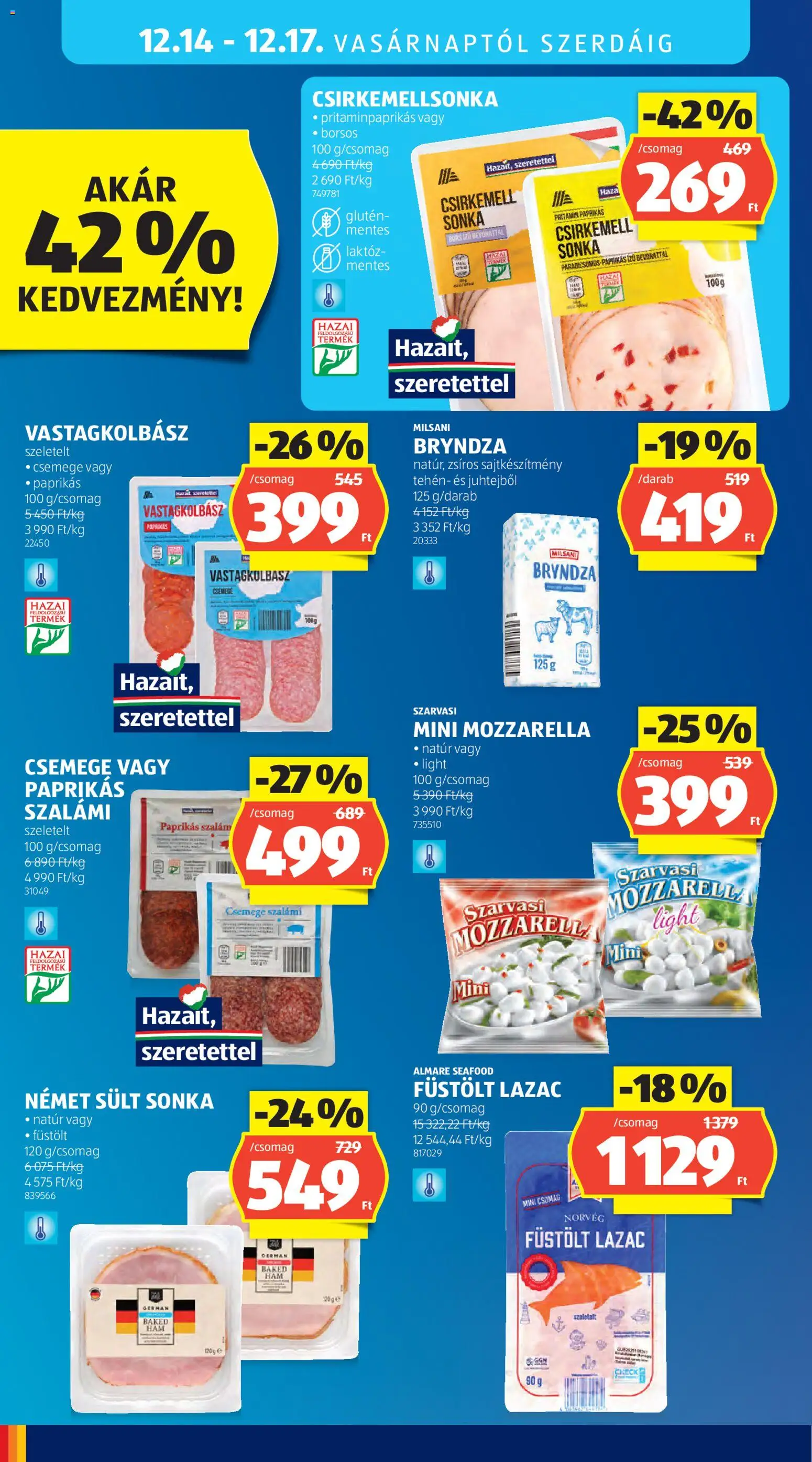 Aldi akciós ujság - amely érvényes a következő dátumtól: 11.12.2025 | Oldal: 42 | Termékek: Sonka, Vastagkolbász, Lazac, Csirkemell