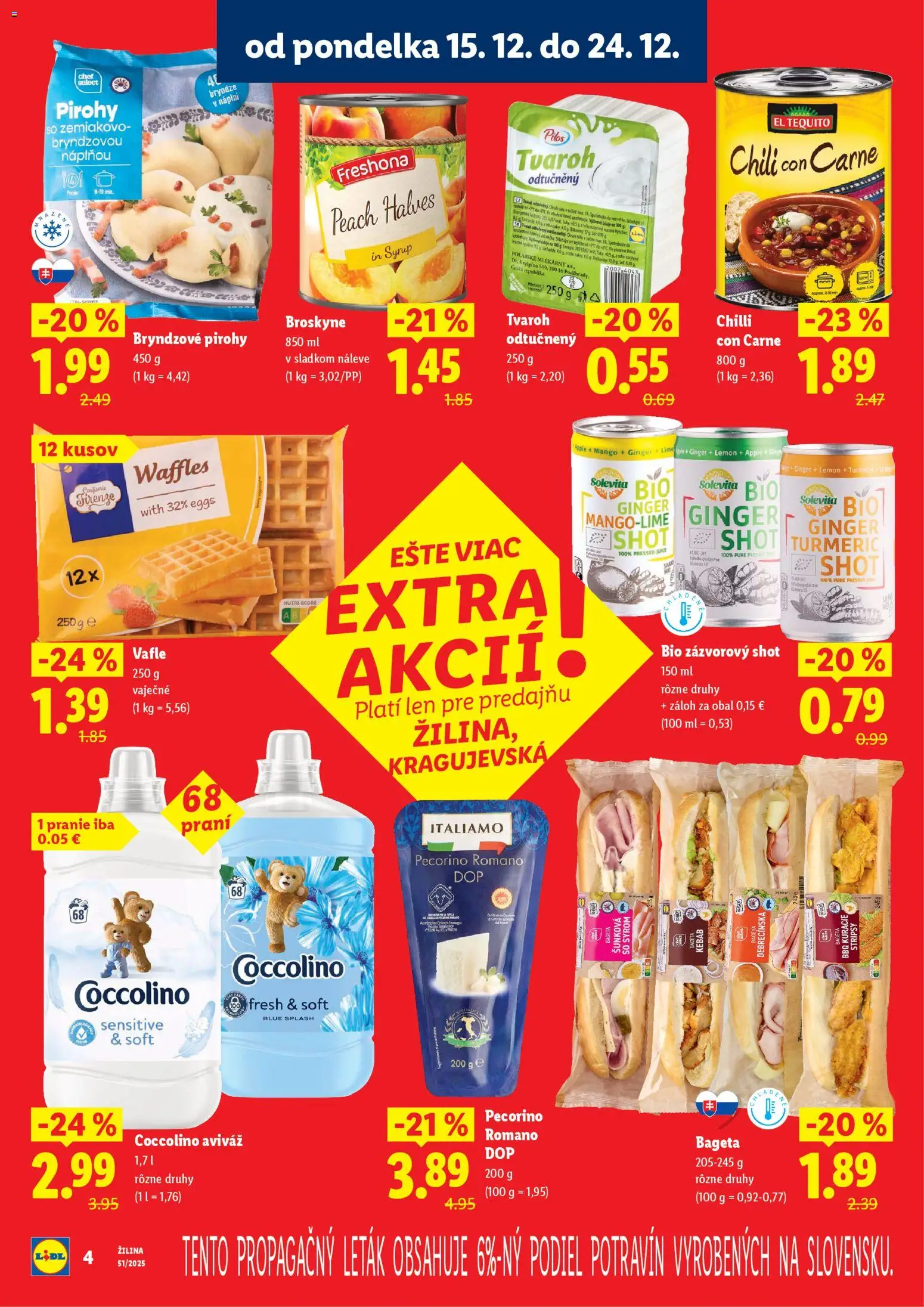 Nové Lidl akcie – leták je platný od 15.12.2025 | Strana: 4 | Produkty: Pirohy, Aviváž, Coccolino, Broskyne
