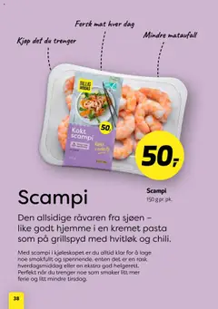 Forhåndsvisning av Bunnpris Billig middag gyldig fra 21.10.2025 | Side: 38 | Produkter: Pasta, Hvitløk, Scampi