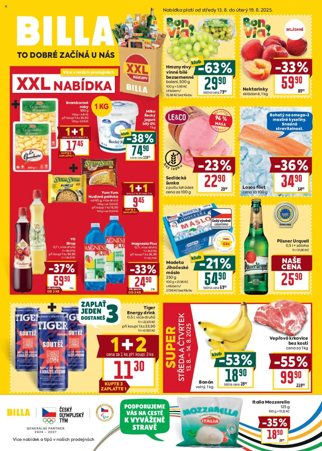 Billa Malý leták od 13.08.2025 | Strana: 1 | Produkty: Máslo, Jogurt, Pilsner, Losos