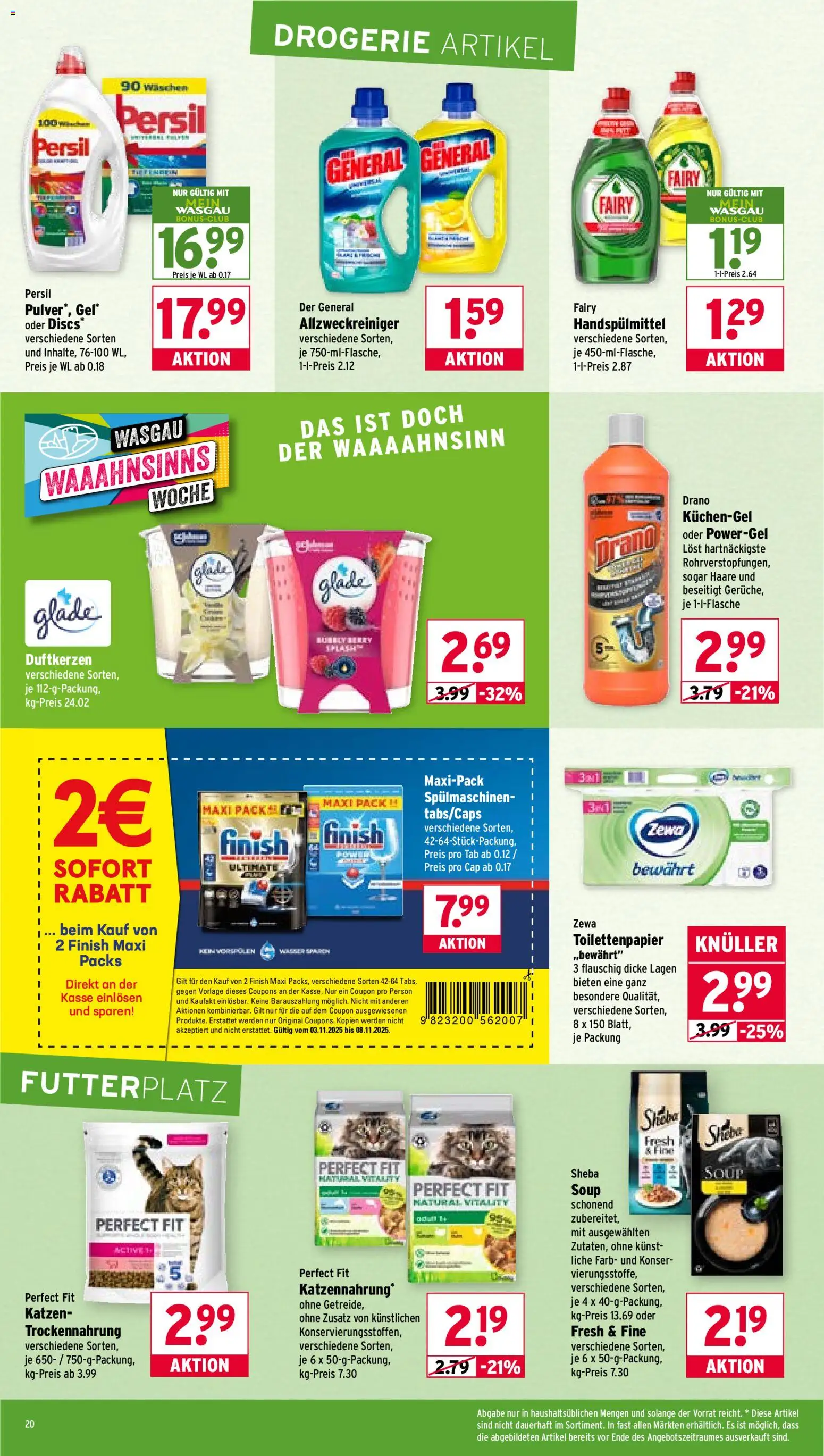 Wasgau Prospekt 	 – gültig ab 03.11.2025 | Seite: 20 | Produkte: Zewa, Finish, Persil, Toilettenpapier