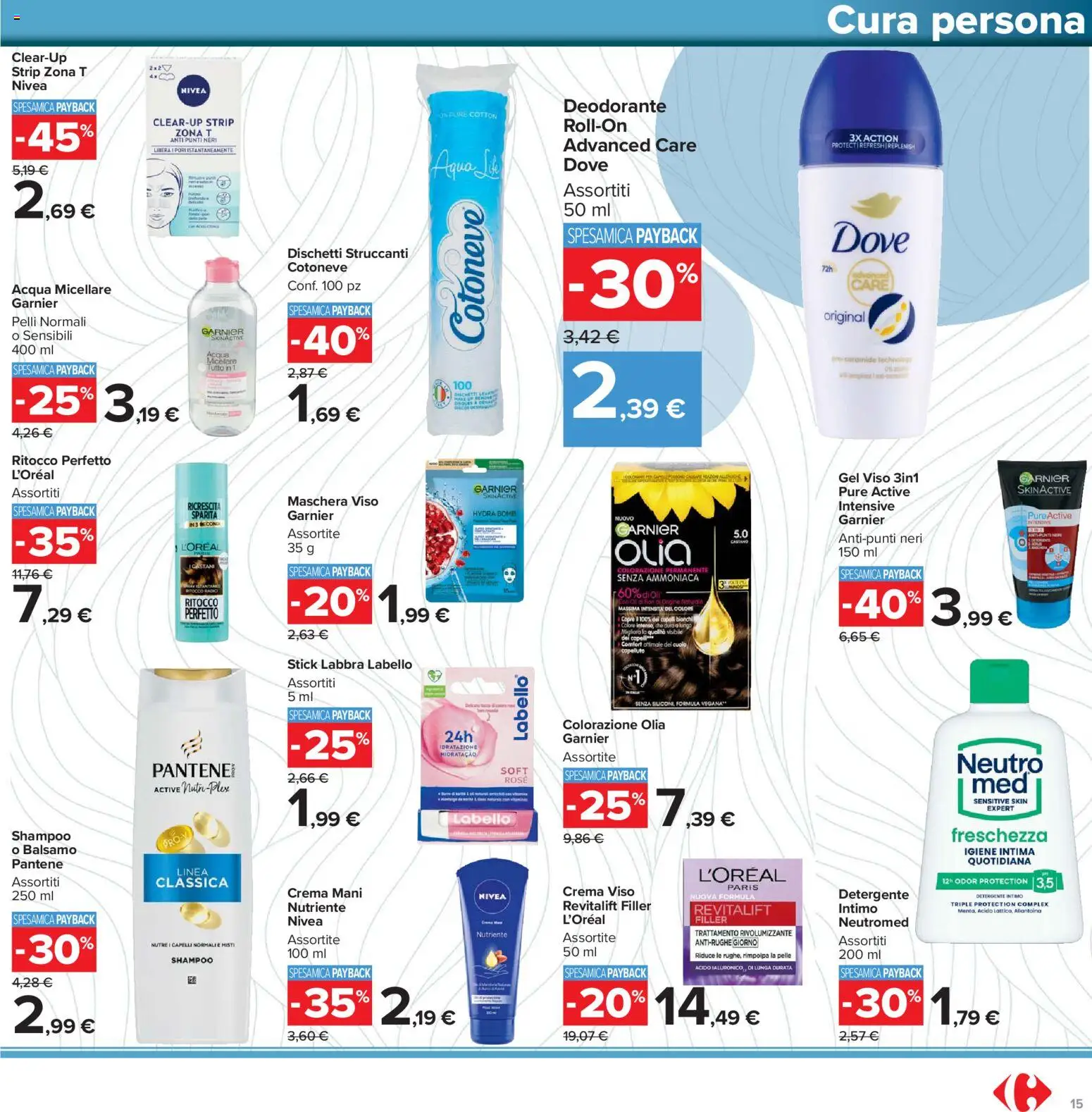 Volantino Carrefour del 15.01.2026 | Pagina: 15 | Prodotti: Shampoo, Crema, Acqua micellare, Dischetti struccanti