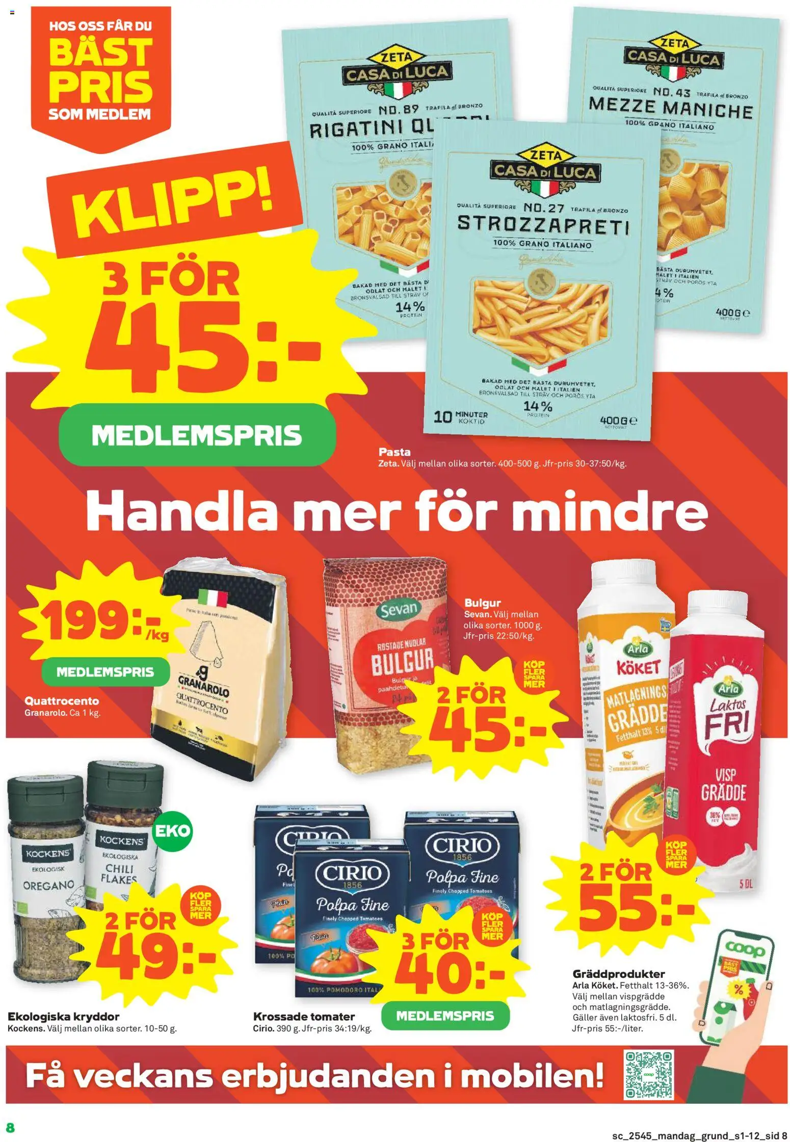 Stora Coop reklamblad aktuell från 03.11.2025 | Sida: 8 | Produkter: Krossade tomater, Chili, Pasta, Vispgrädde