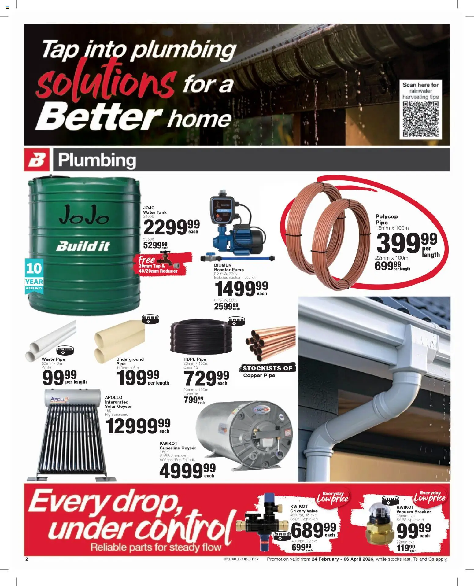 New Build It catalogue – valid from 24.02.2026 | Page: 2 | Products: Tank, Geyser, Tap, Pipe