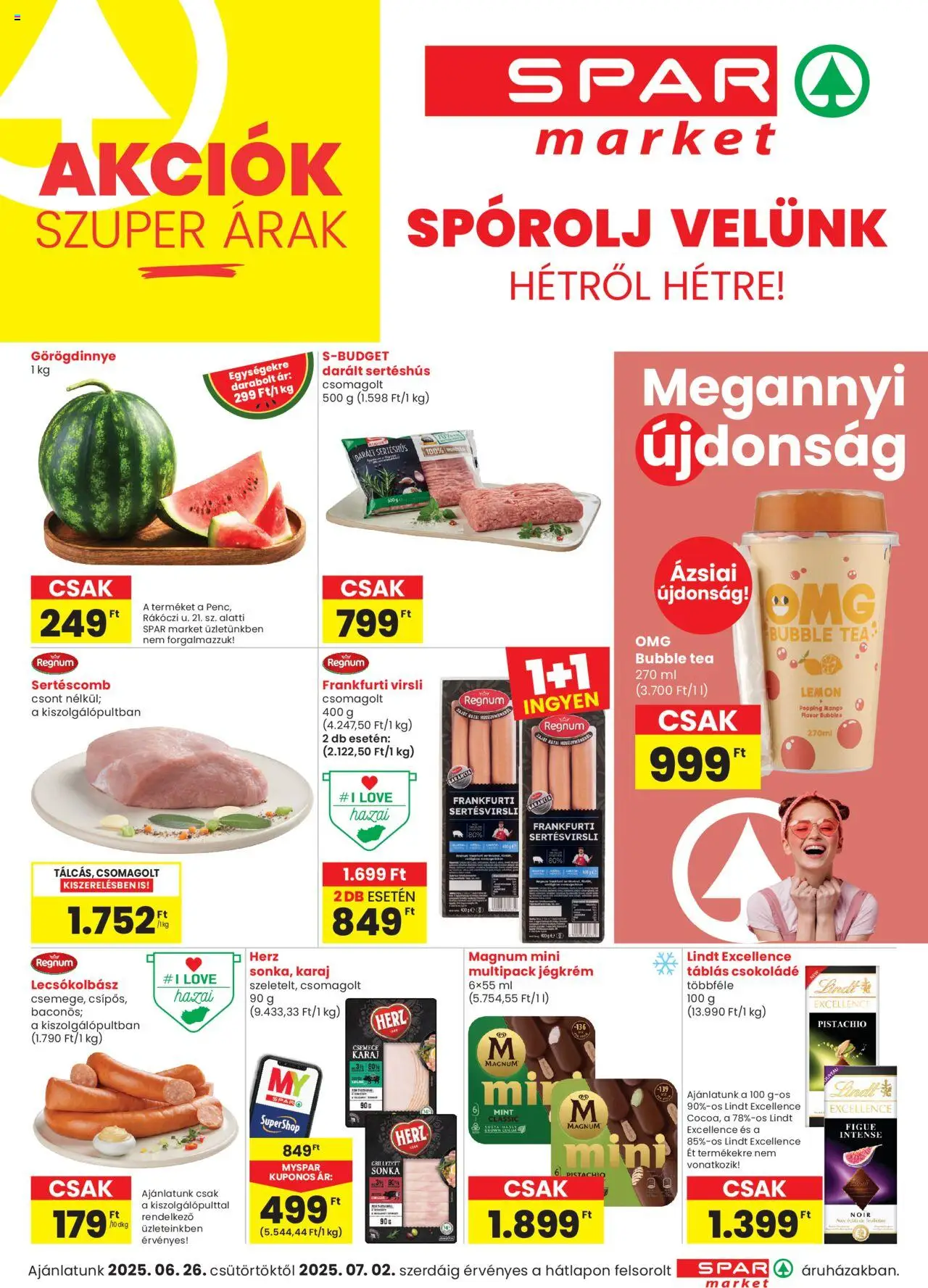 Spar Market akciós ujság - amely érvényes a következő dátumtól: 26.06.2025 | Oldal: 1 | Termékek: Virsli, Sertéshús, Jégkrém, Mangó