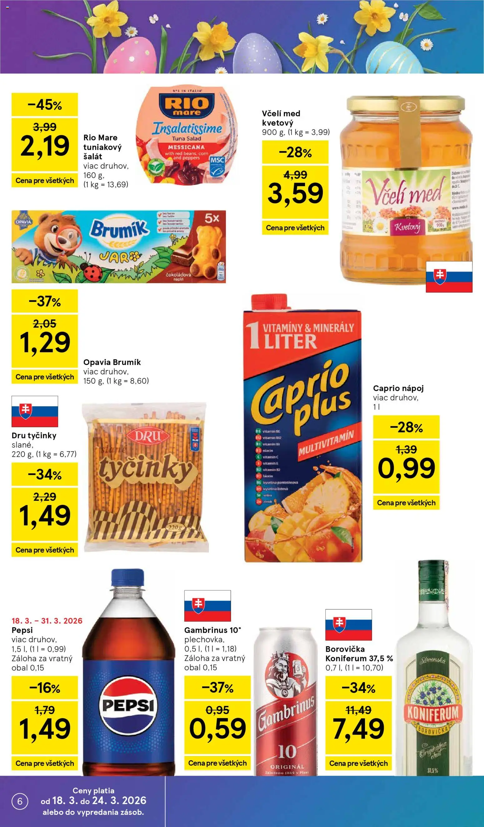 Nové Tesco akcie – leták je platný od 18.03.2026 | Strana: 6 | Produkty: Borovička, Pepsi, Med, Gambrinus