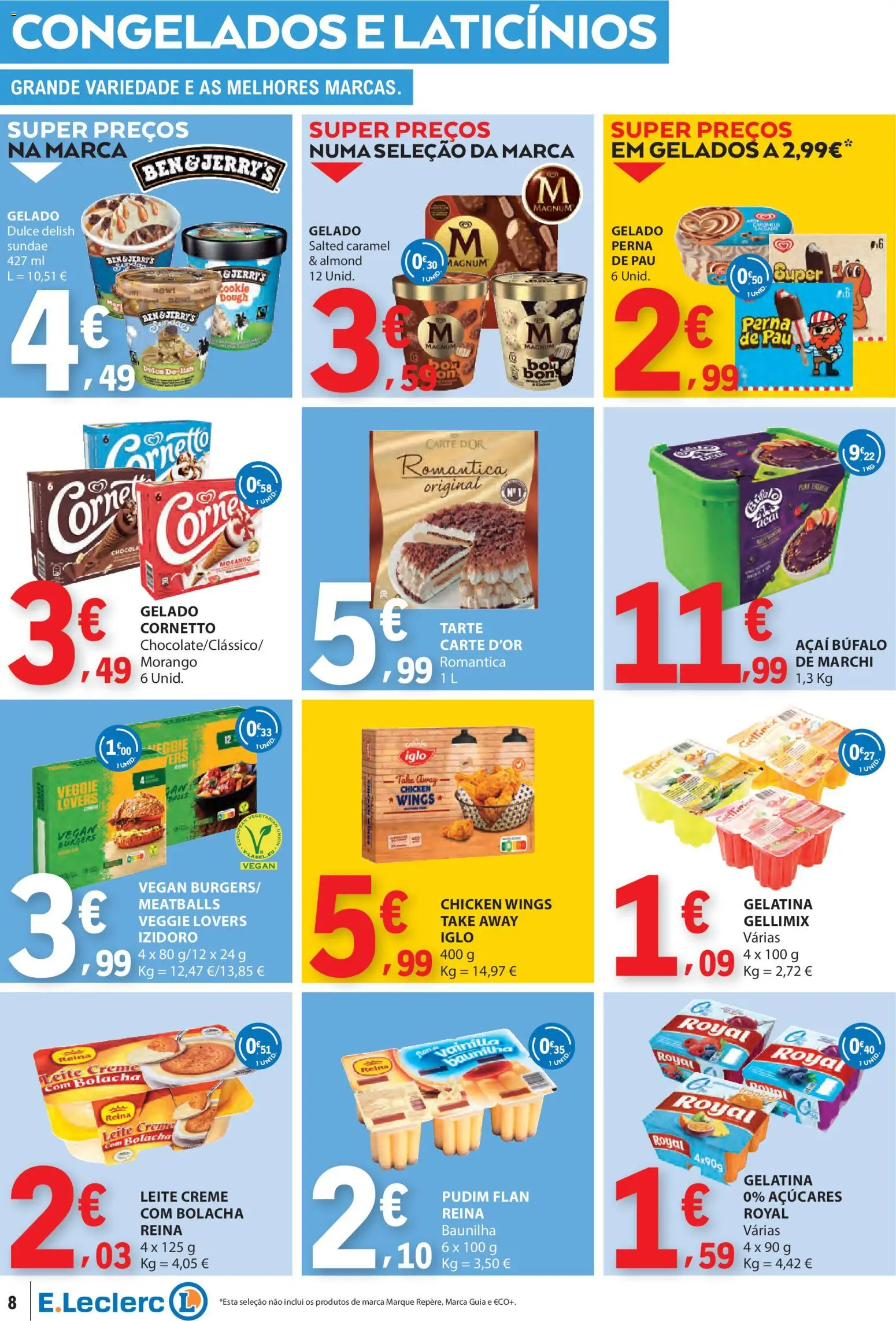 E.Leclerc folheto │ válido de 12.03.2026 | Página: 8 | Produtos: Açai, Gelatina, Gelado, Tarte