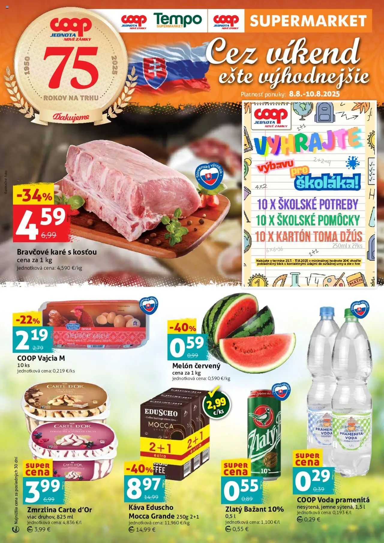 COOP Jednota víkendová ponuka │ platný od 08.08.2025 | Strana: 1 | Produkty: Vajcia, Džús, Voda, Bravčové karé
