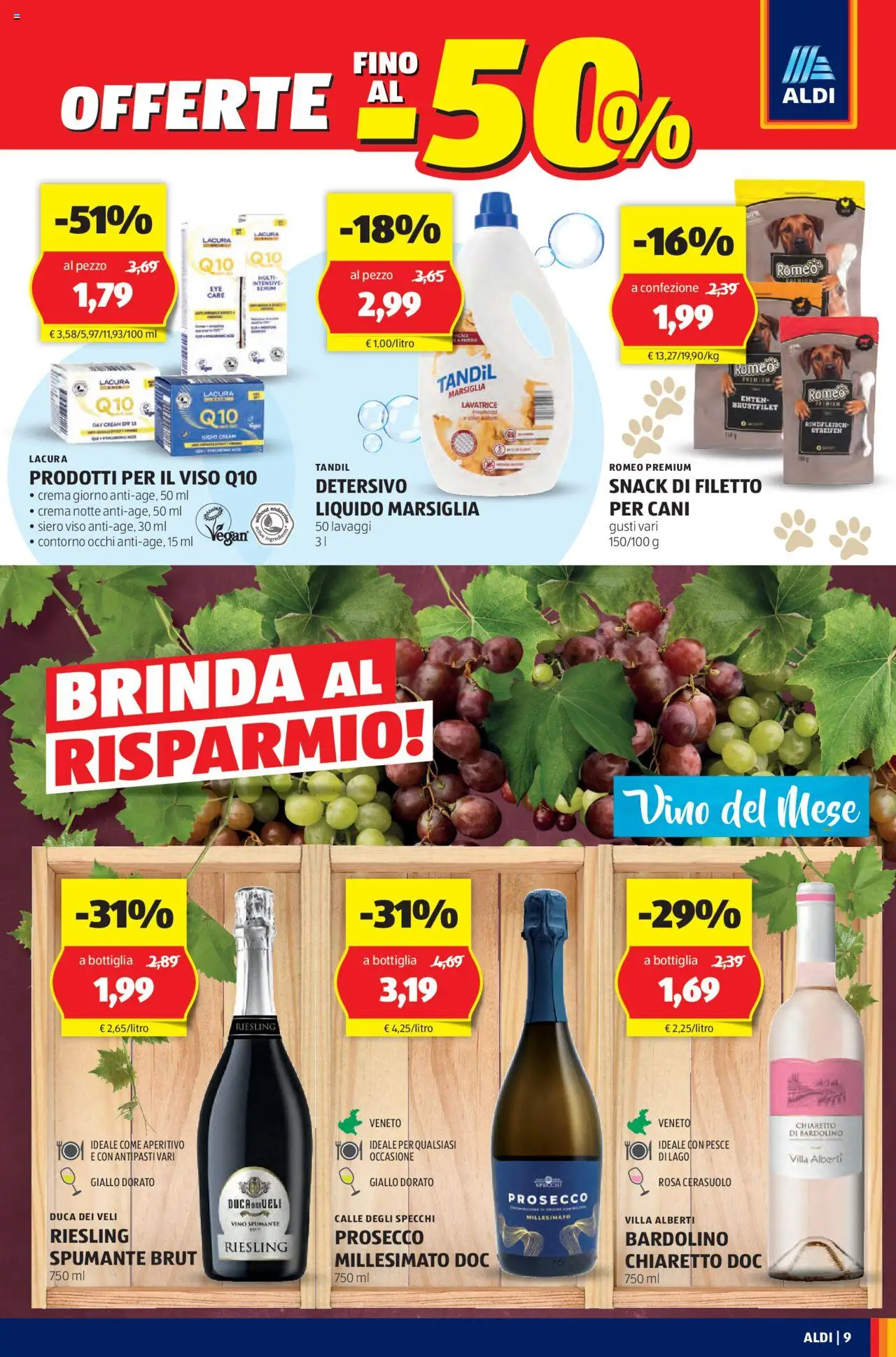 Volantino Aldi del 25.08.2025 | Pagina: 9 | Prodotti: Pesce, Vino, Lavatrice, Bottiglia