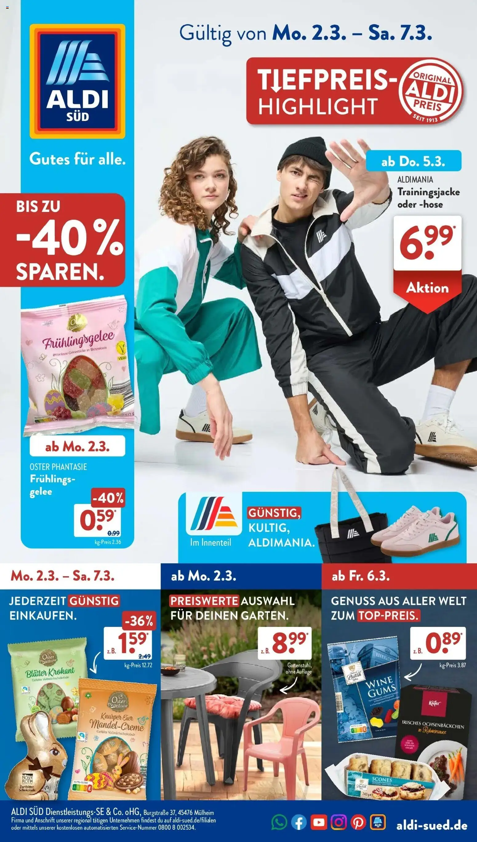 Aldi Süd Wochenangebote – gültig ab 02.03.2026 | Seite: 1 | Produkte: Trainingsjacke, Eier, Schokolade, Hose