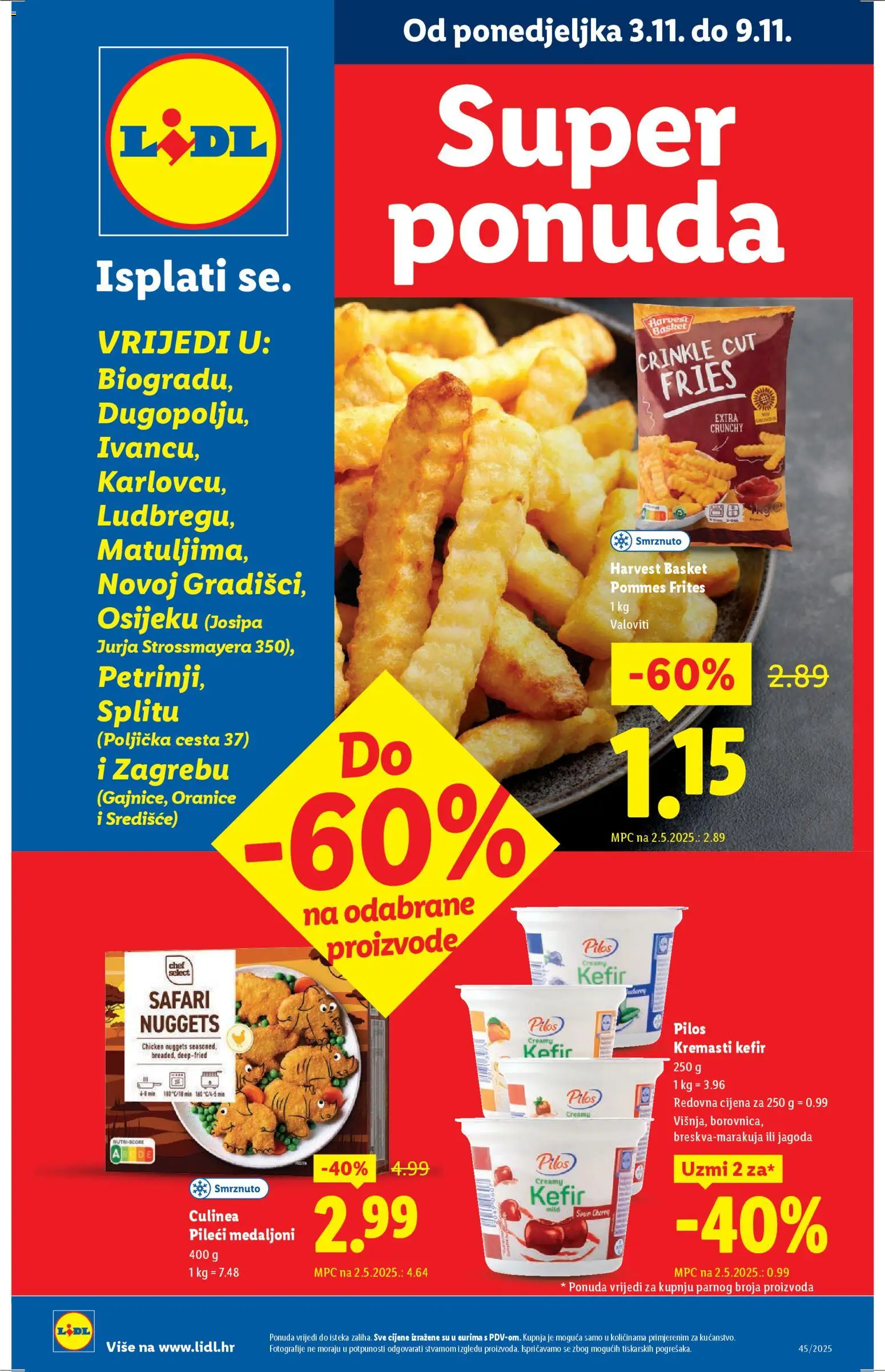 Lidl katalog | vrijedi od 03.11.2025 | Stranica: 1 | Proizvodi: Pileći medaljoni, Pommes frites, Kefir, Miš