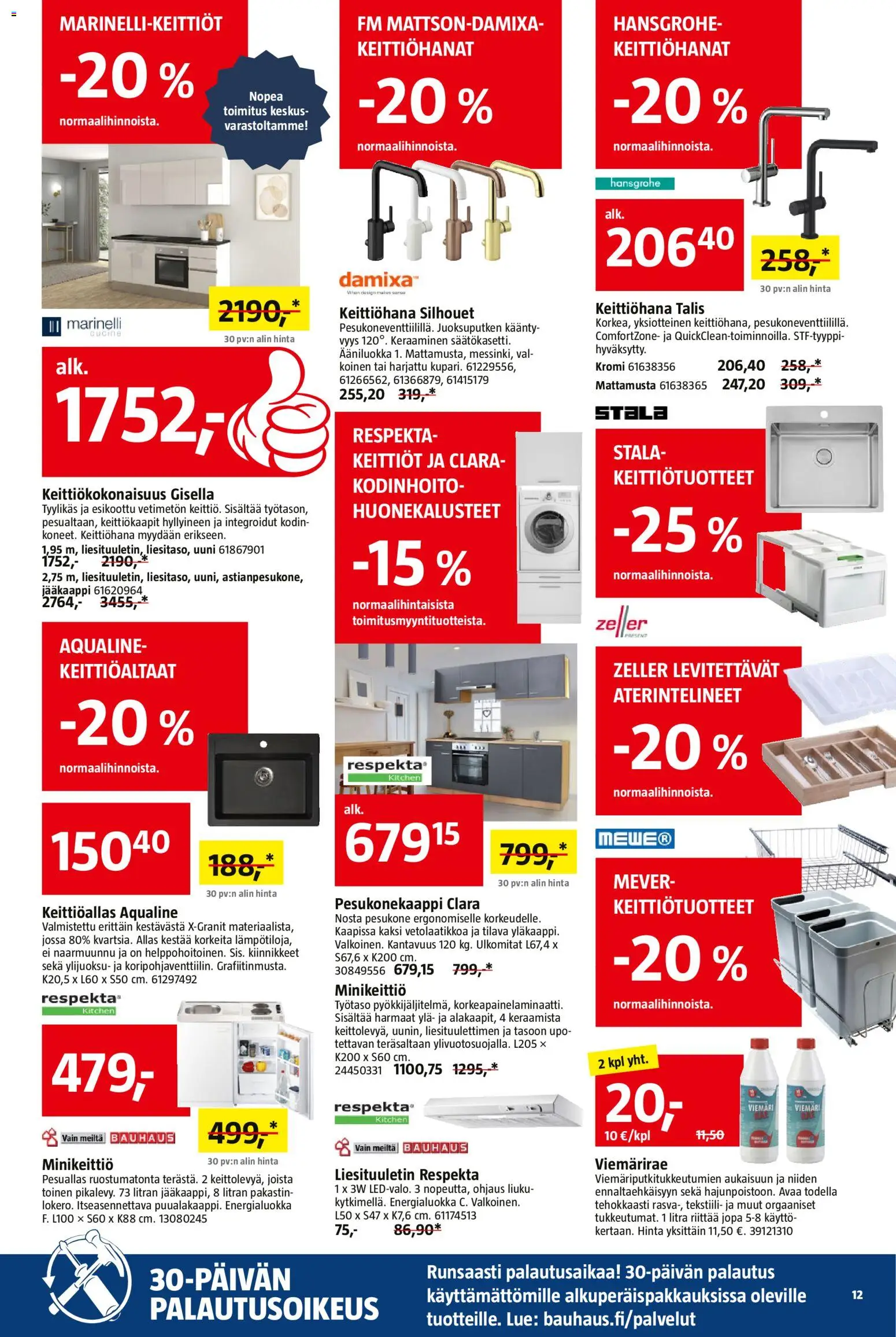 Bauhaus tarjoukset – voimassa 29.10.2025 alkaen | Sivu: 12 | Tuotteet: Liesituuletin, Jääkaappi, Pesukone, Pesuallas