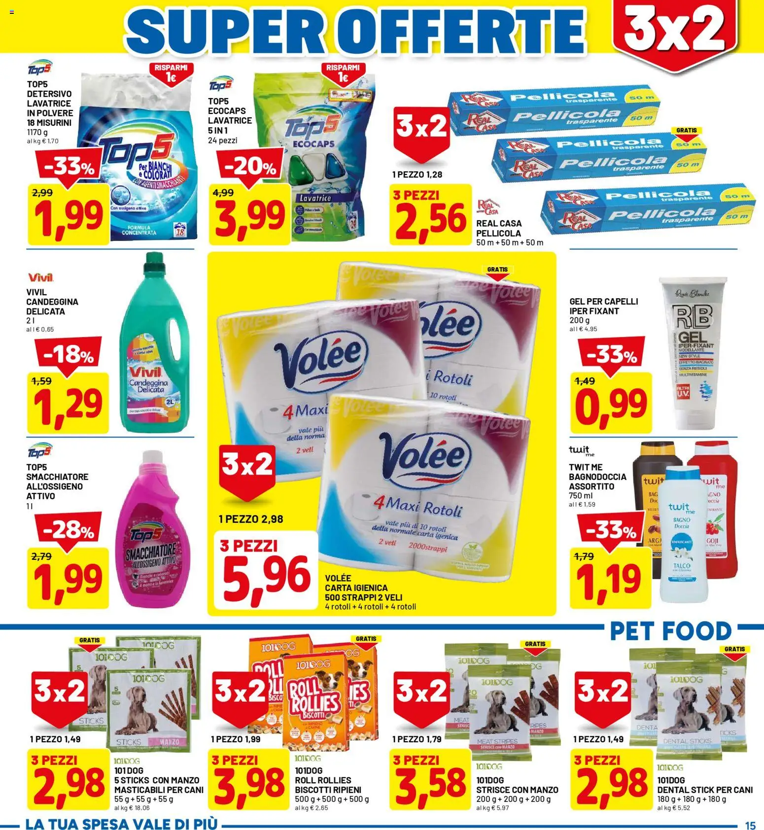 Volantino D Più del 05.01.2026 | Pagina: 15 | Prodotti: Carta igienica, Manzo, Talco, Doccia
