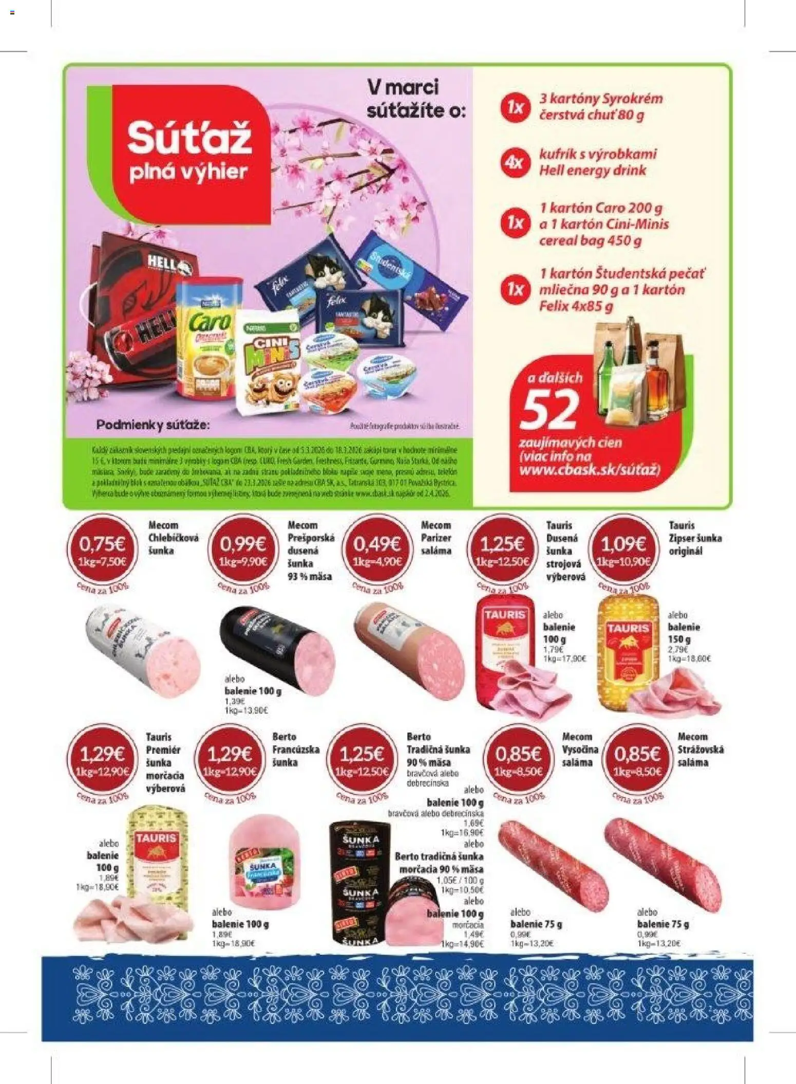 Nové KARMEN CBA akcie – leták je platný od 05.03.2026 | Strana: 2 | Produkty: Felix, Šunka, Caro, Študentská pečať