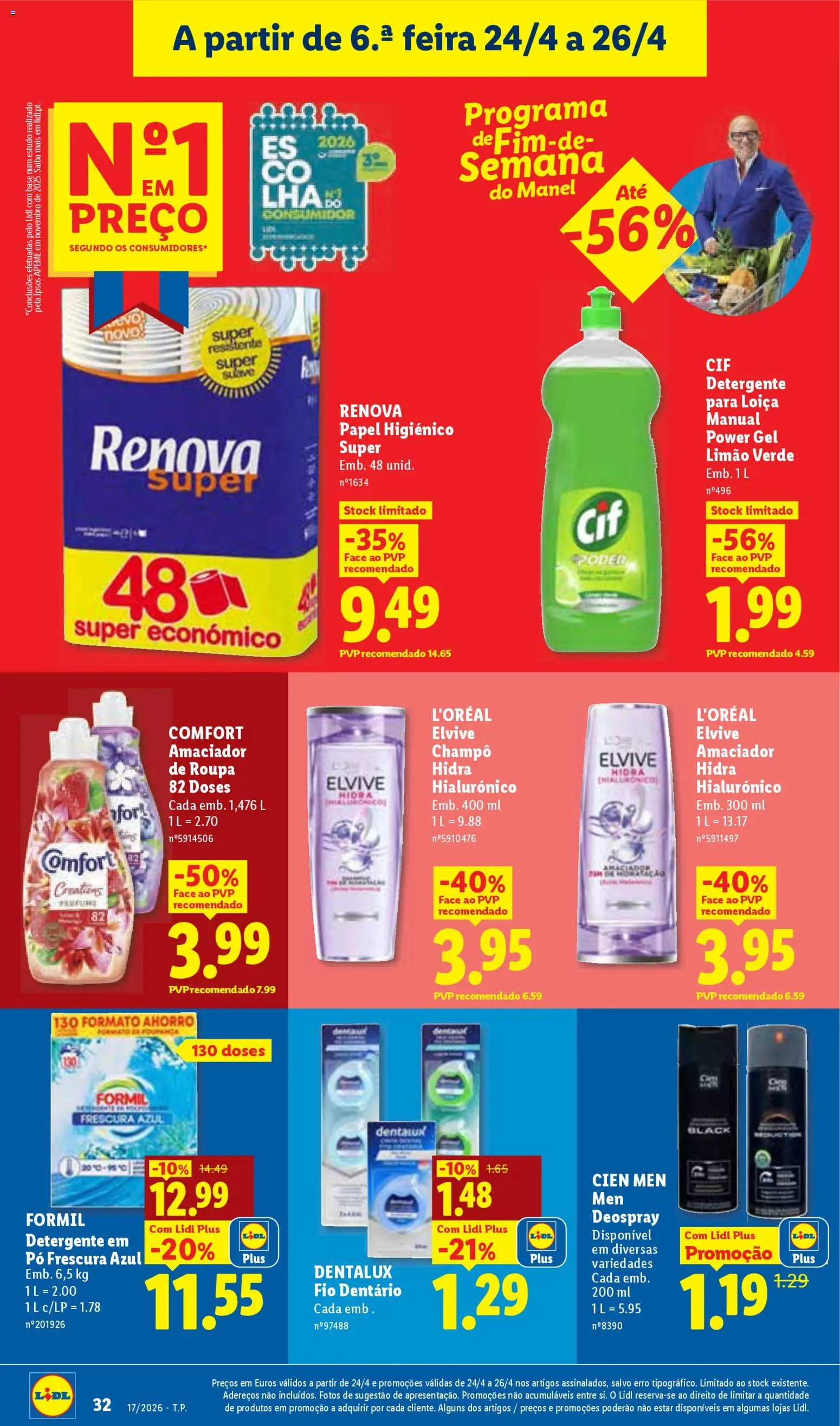 Lidl folheto │ válido de 20.04.2026 | Página: 32 | Produtos: Papel higiénico, Shampoo, Base, Amaciador de roupa