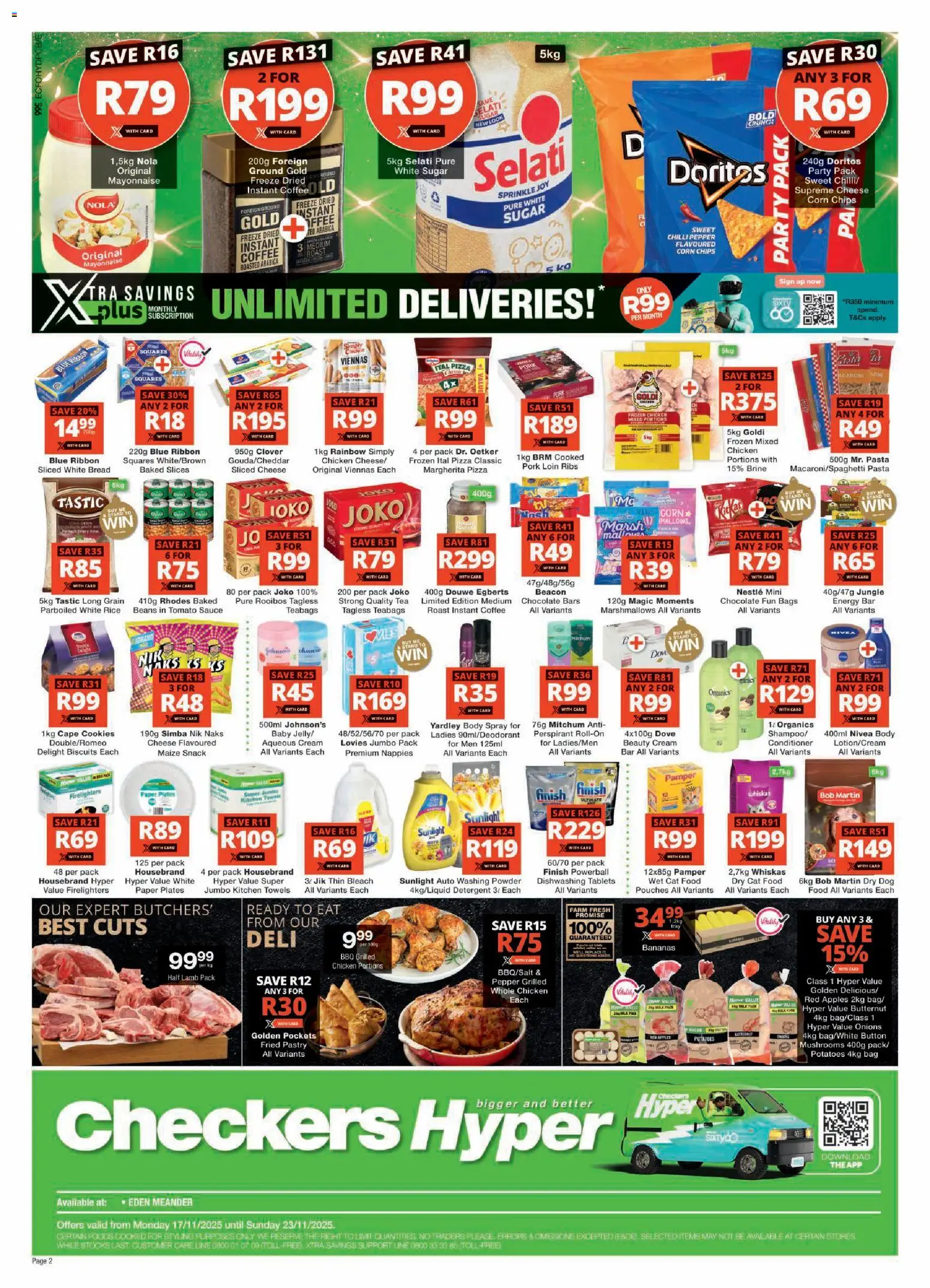 New Checkers catalogue – valid from 17.11.2025 | Page: 2 | Products: Corn, Chips, Cat food, Estuche organizador de viaje