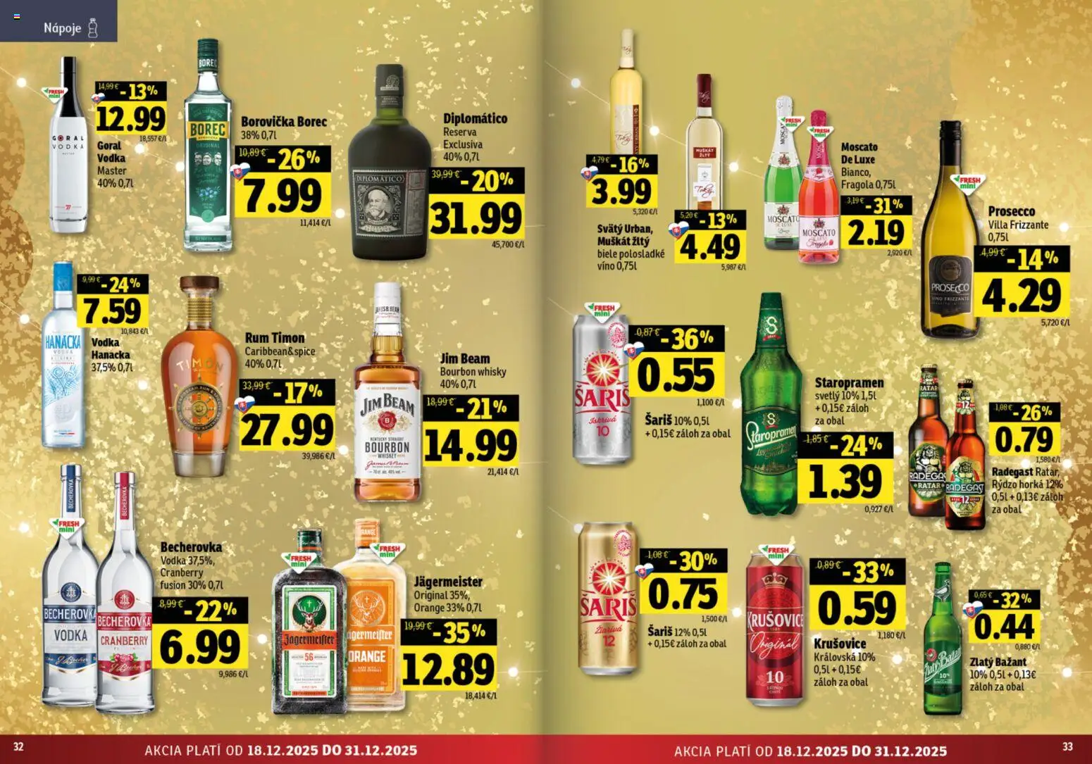 Nové Fresh akcie – leták je platný od 18.12.2025 | Strana: 15 | Produkty: Diplomatico, Jim Beam, Borovička, Zlatý Bažant