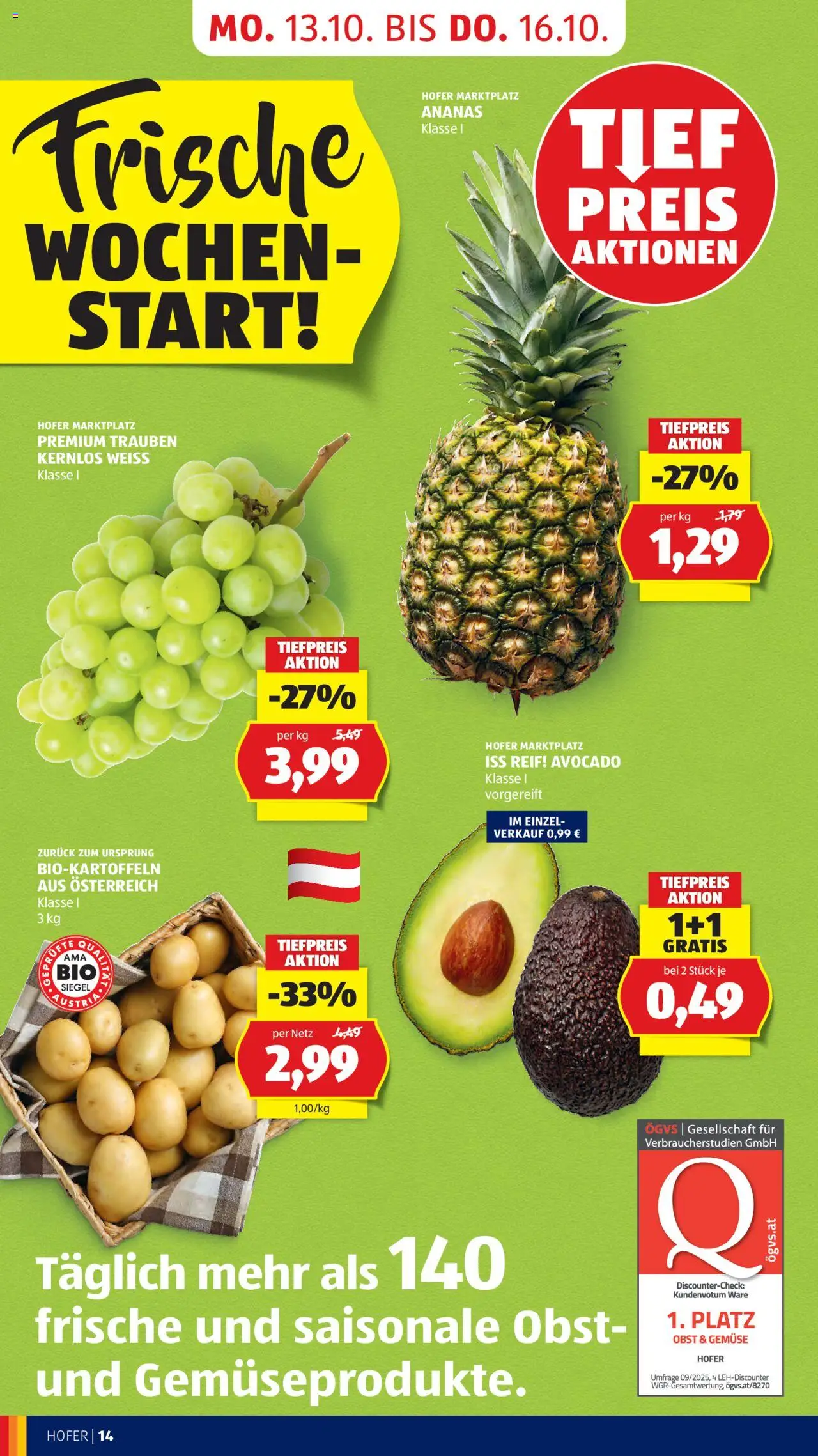 Hofer Flugblatt gültig ab 10.10.2025 | Seite: 16 | Produkte: Avocado, Gemüse, Obst, Ananas