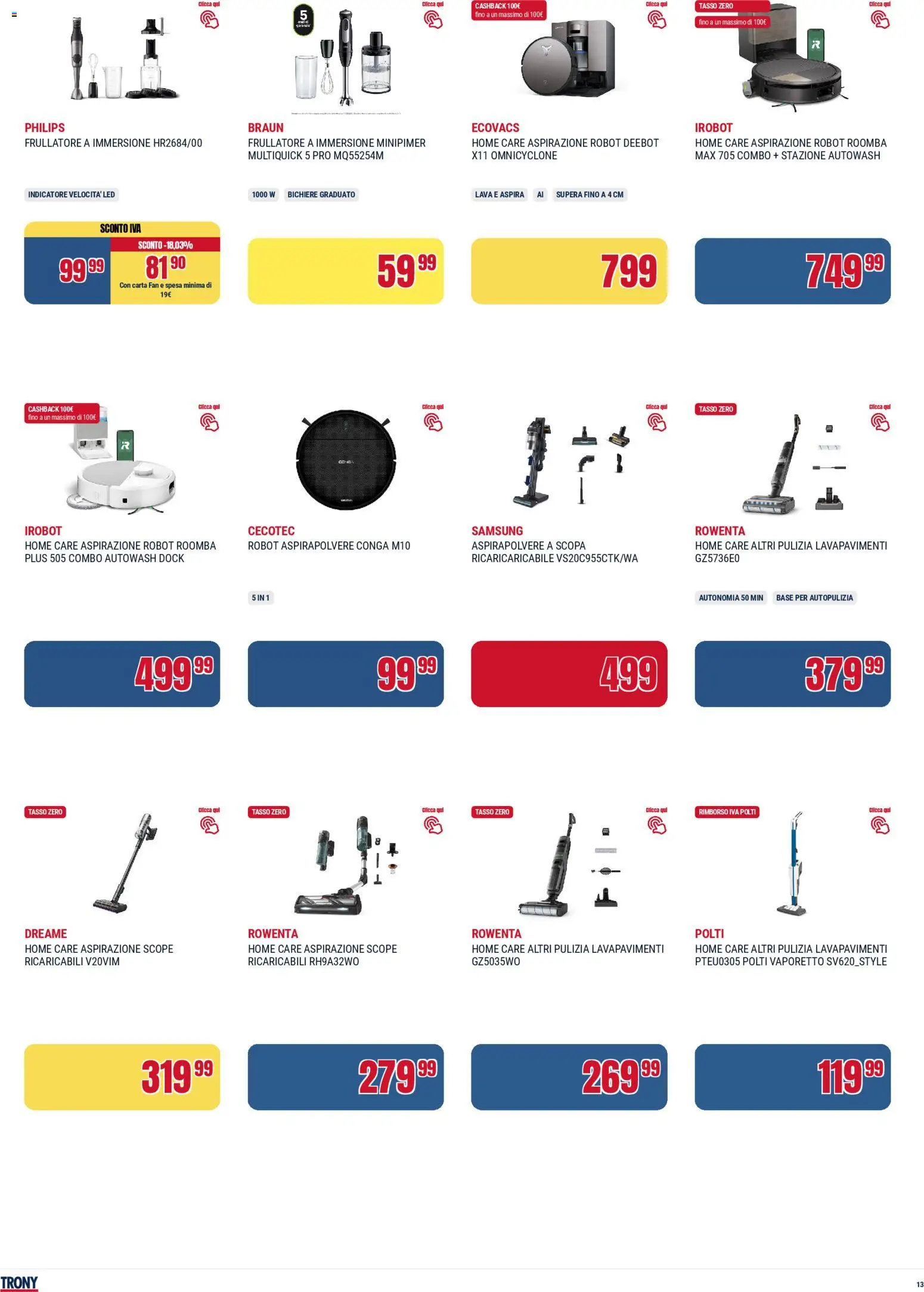 Volantino Trony del 02.04.2026 | Pagina: 13 | Prodotti: Robot aspirapolvere, Aspirapolvere, Fan, Robot